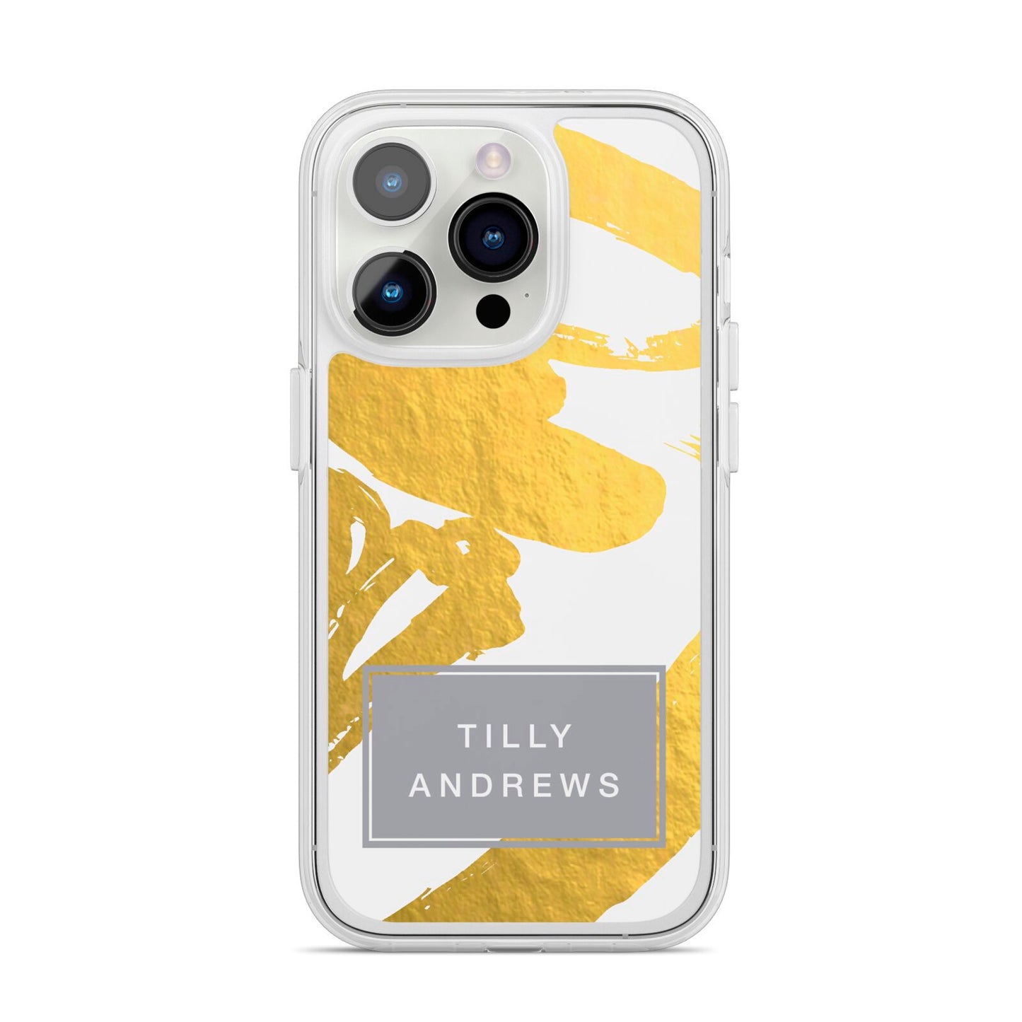 Personalised Gold Leaf White With Name iPhone 14 Pro Clear Tough Case Silver