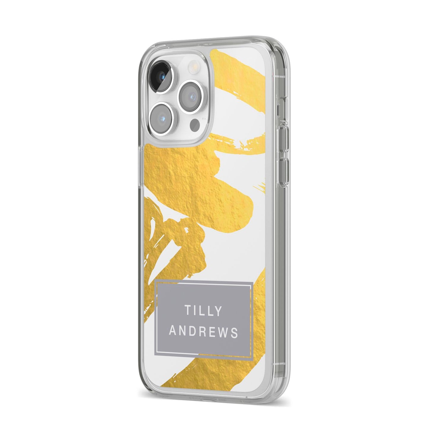 Personalised Gold Leaf White With Name iPhone 14 Pro Max Clear Tough Case Silver Angled Image