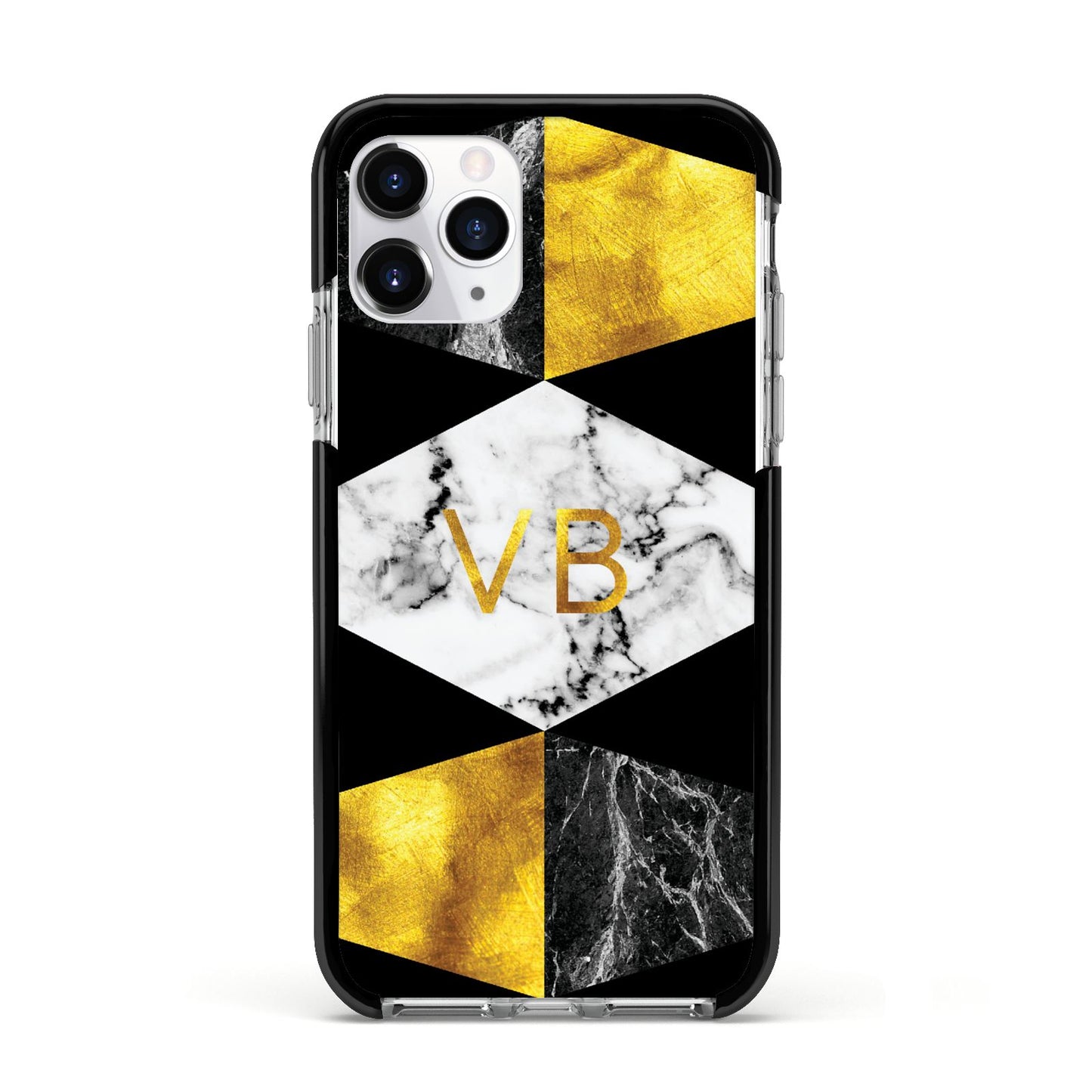 Personalised Gold Marble Initials Apple iPhone 11 Pro in Silver with Black Impact Case