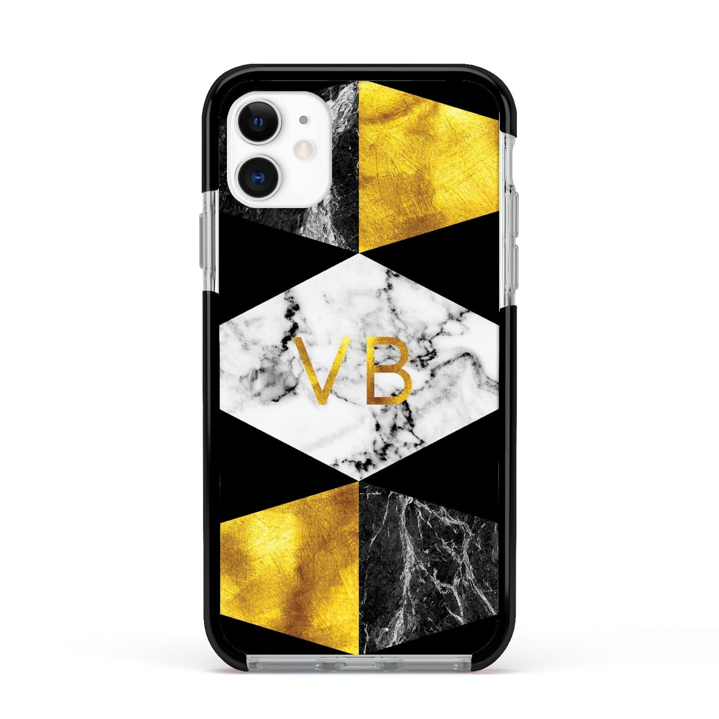 Personalised Gold Marble Initials Apple iPhone 11 in White with Black Impact Case