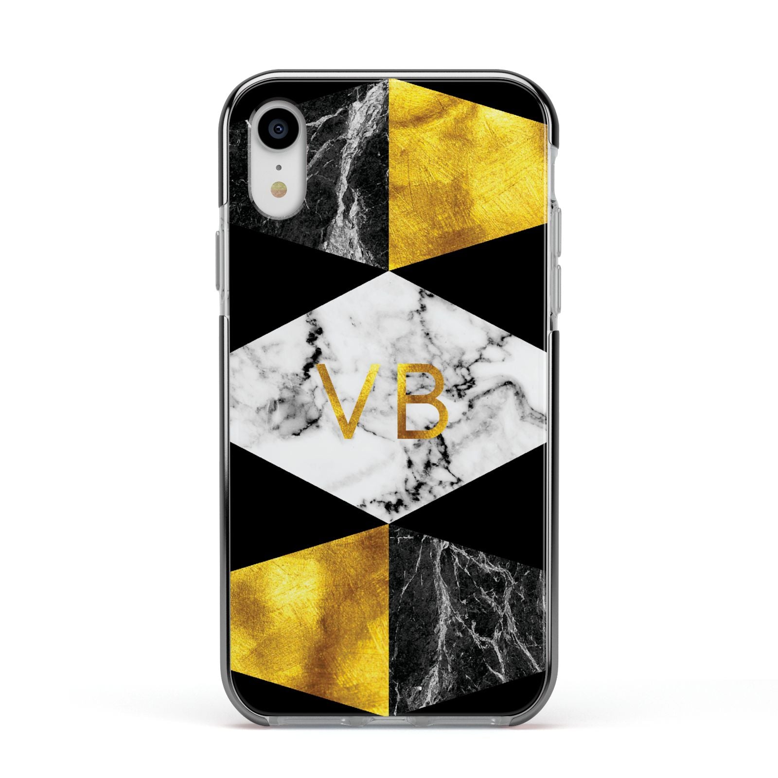 Personalised Gold Marble Initials Apple iPhone XR Impact Case Black Edge on Silver Phone