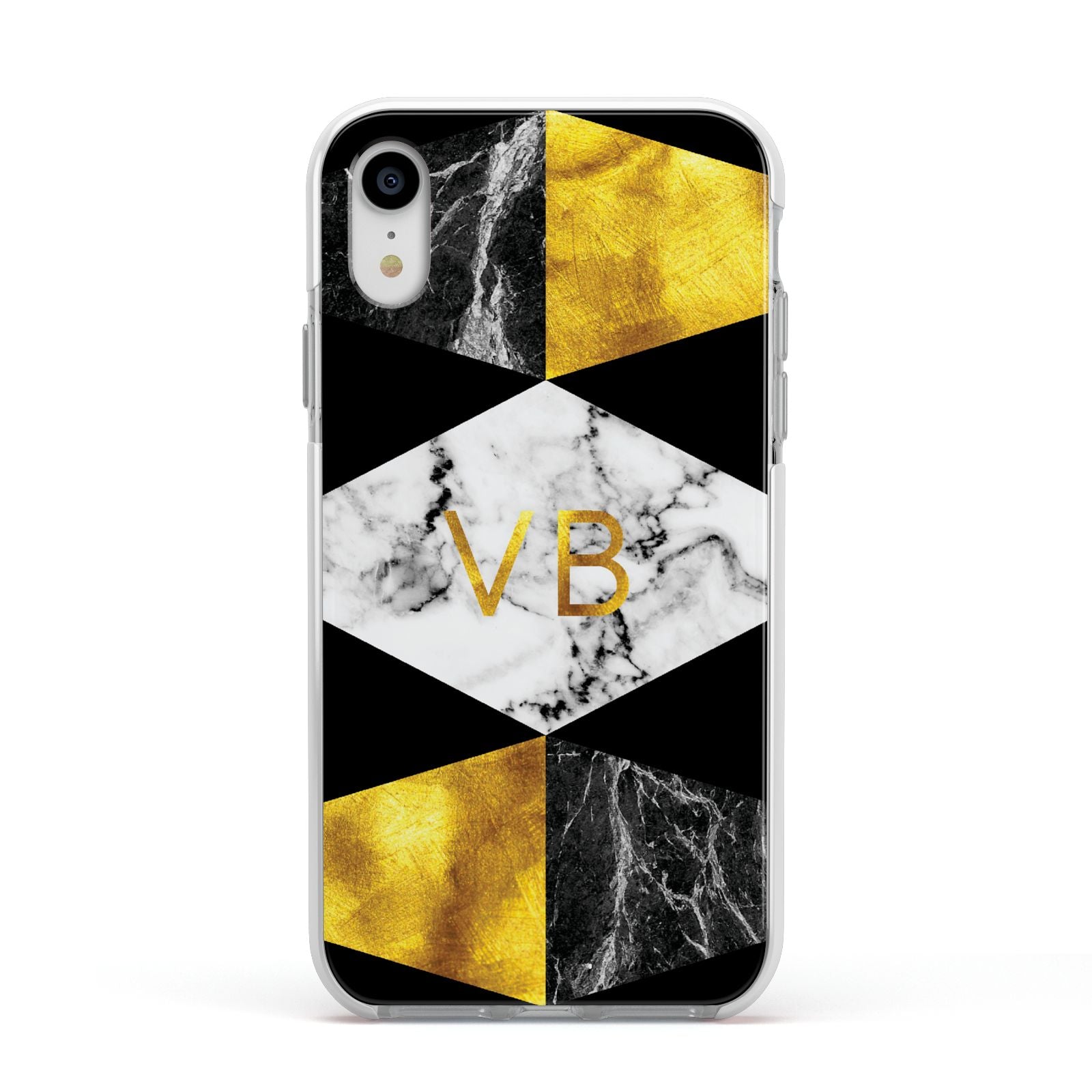 Personalised Gold Marble Initials Apple iPhone XR Impact Case White Edge on Silver Phone