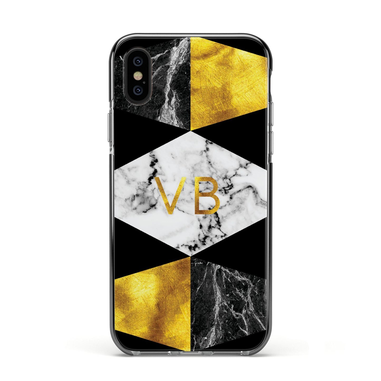 Personalised Gold Marble Initials Apple iPhone Xs Impact Case Black Edge on Black Phone