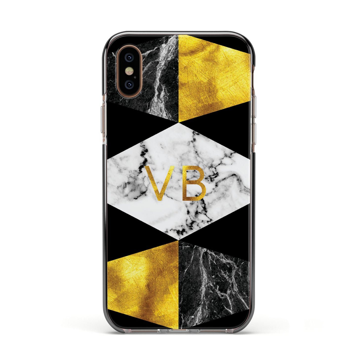 Personalised Gold Marble Initials Apple iPhone Xs Impact Case Black Edge on Gold Phone