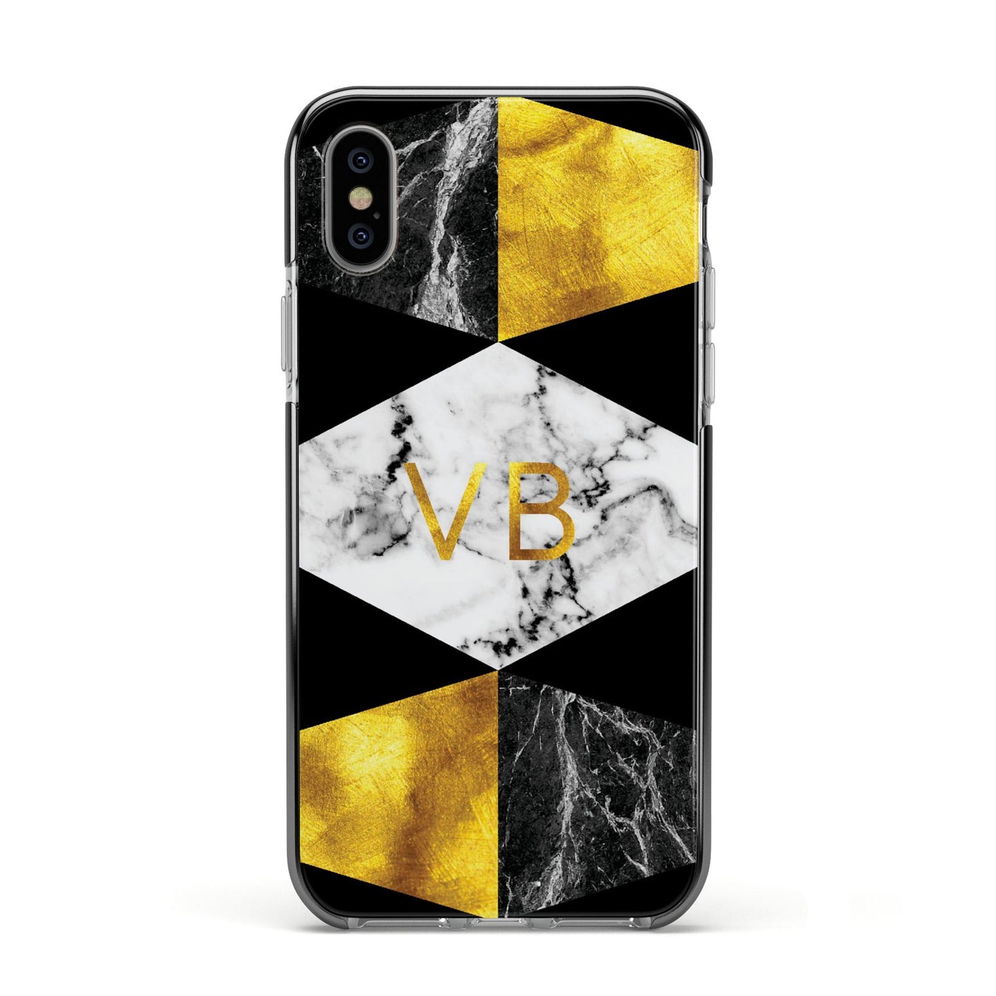 Personalised Gold Marble Initials Apple iPhone Xs Impact Case Black Edge on Silver Phone