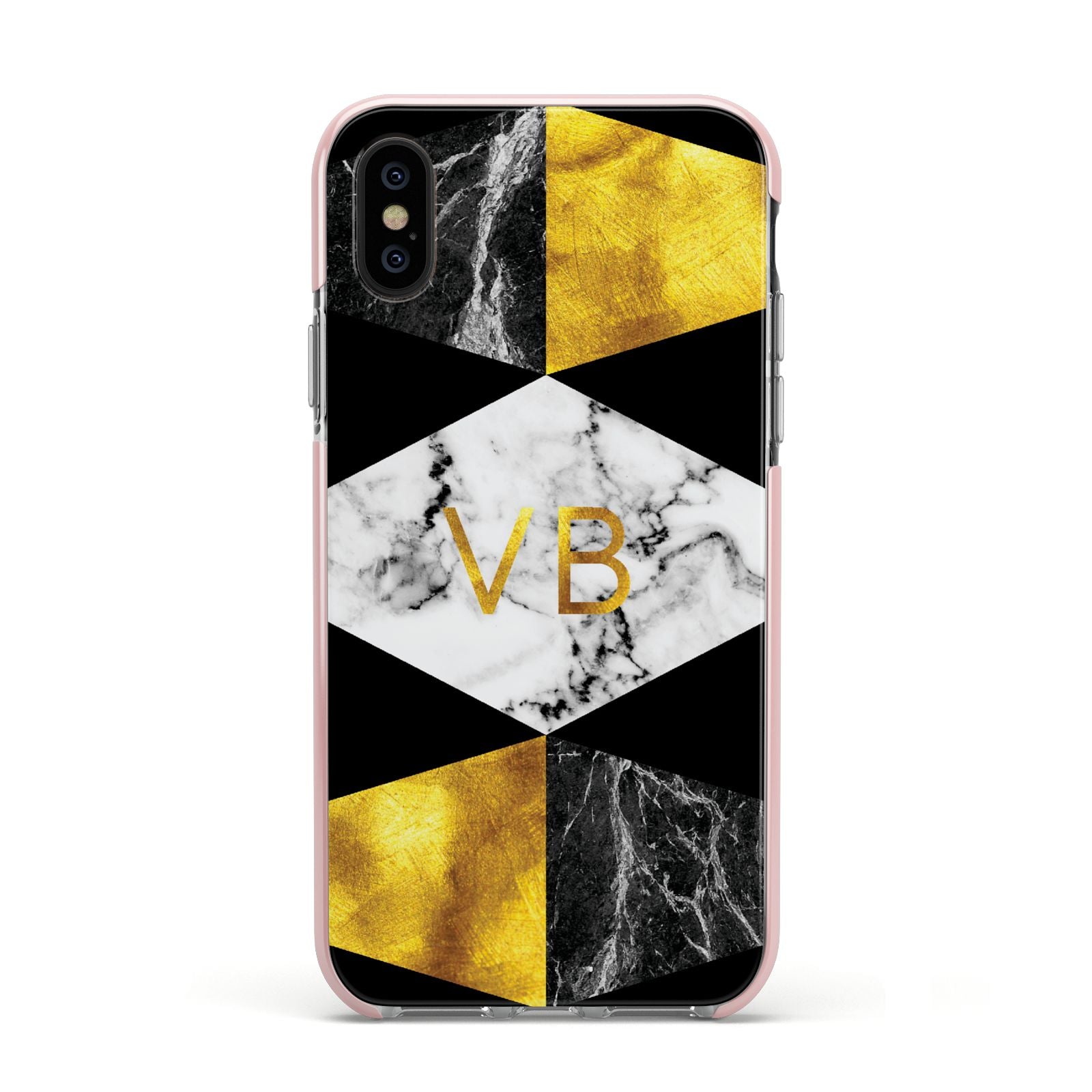 Personalised Gold Marble Initials Apple iPhone Xs Impact Case Pink Edge on Black Phone