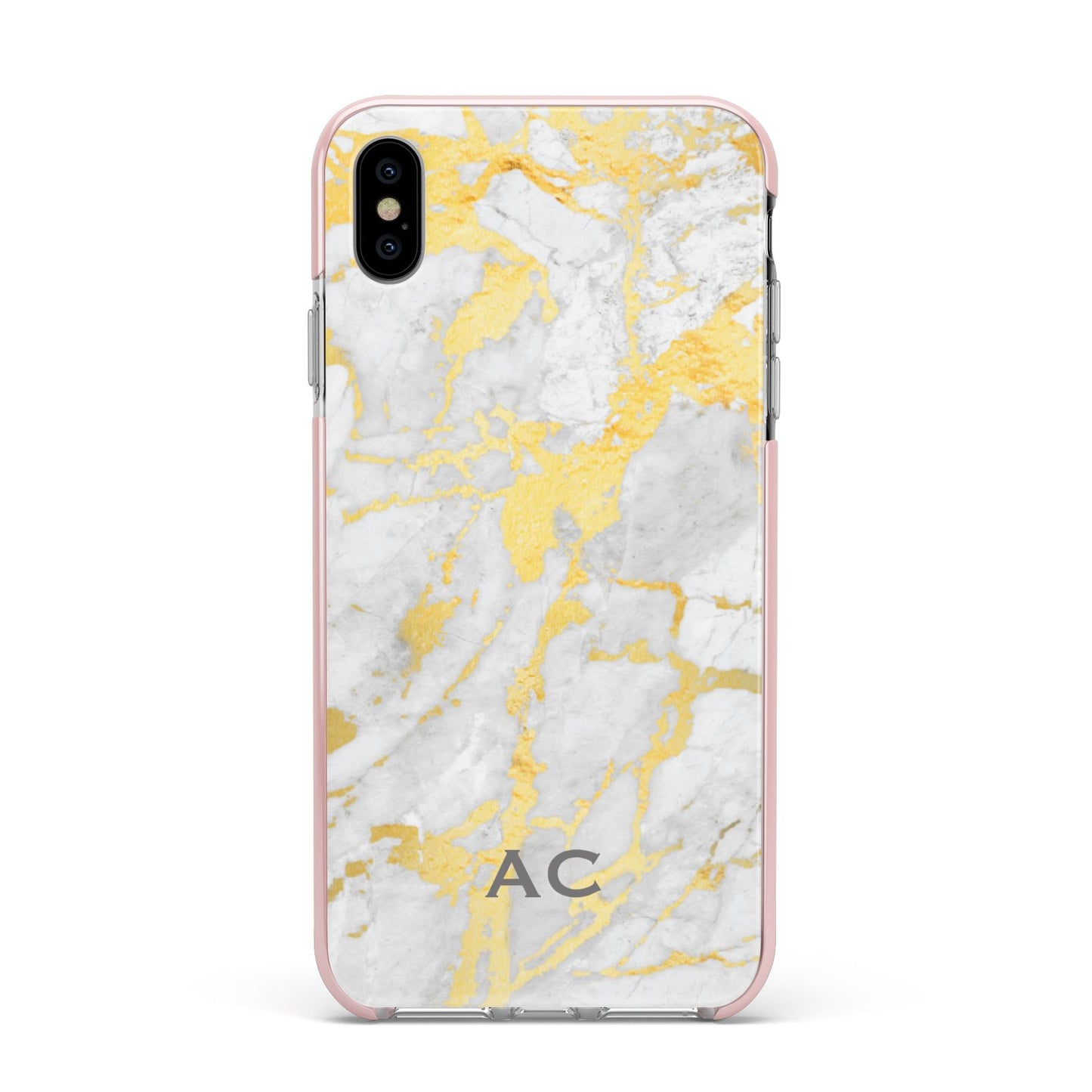 Personalised Gold Marble Initials Apple iPhone Xs Max Impact Case Pink Edge on Silver Phone