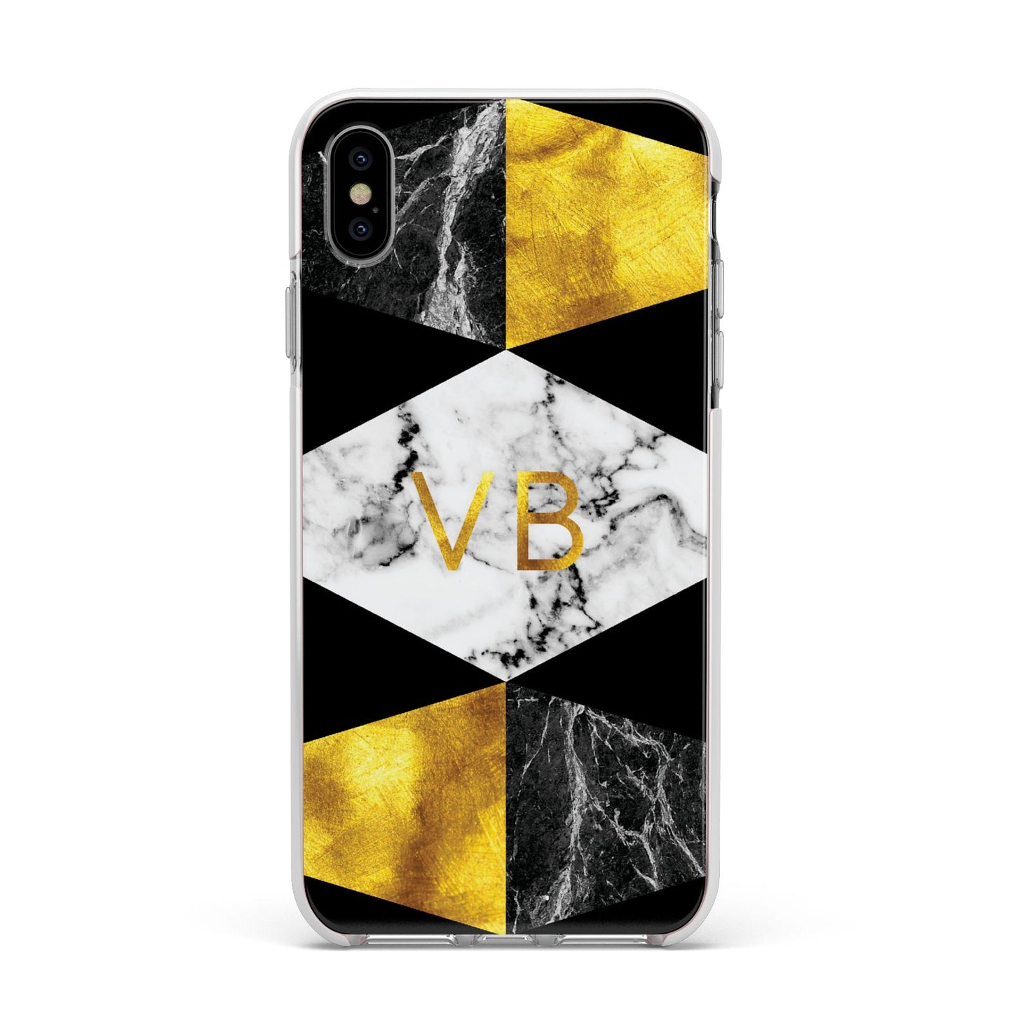 Personalised Gold Marble Initials Apple iPhone Xs Max Impact Case White Edge on Silver Phone