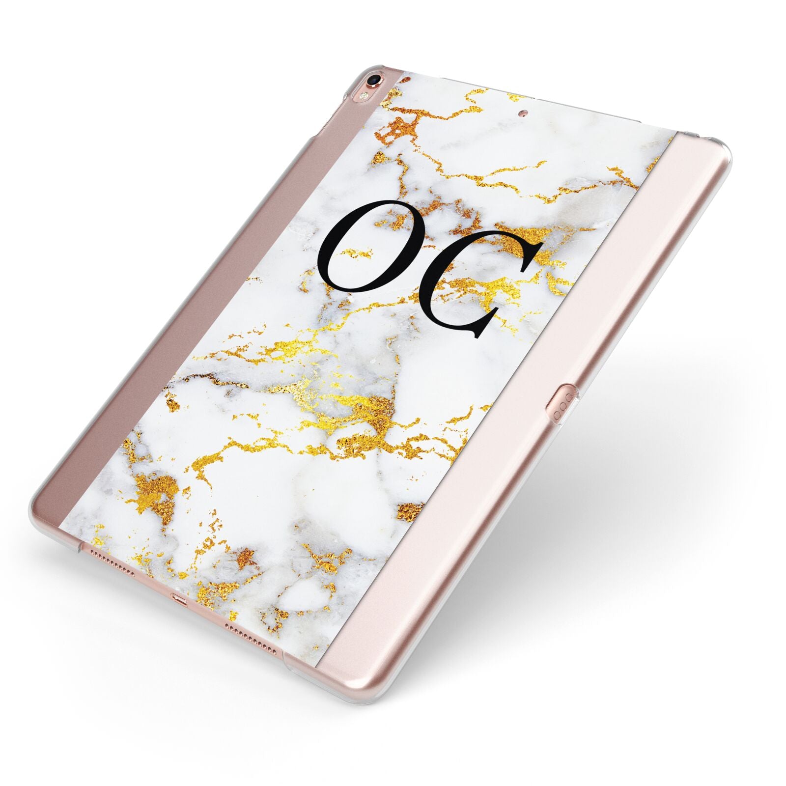 Personalised Gold Marble Initials Monogram Apple iPad Case on Rose Gold iPad Side View