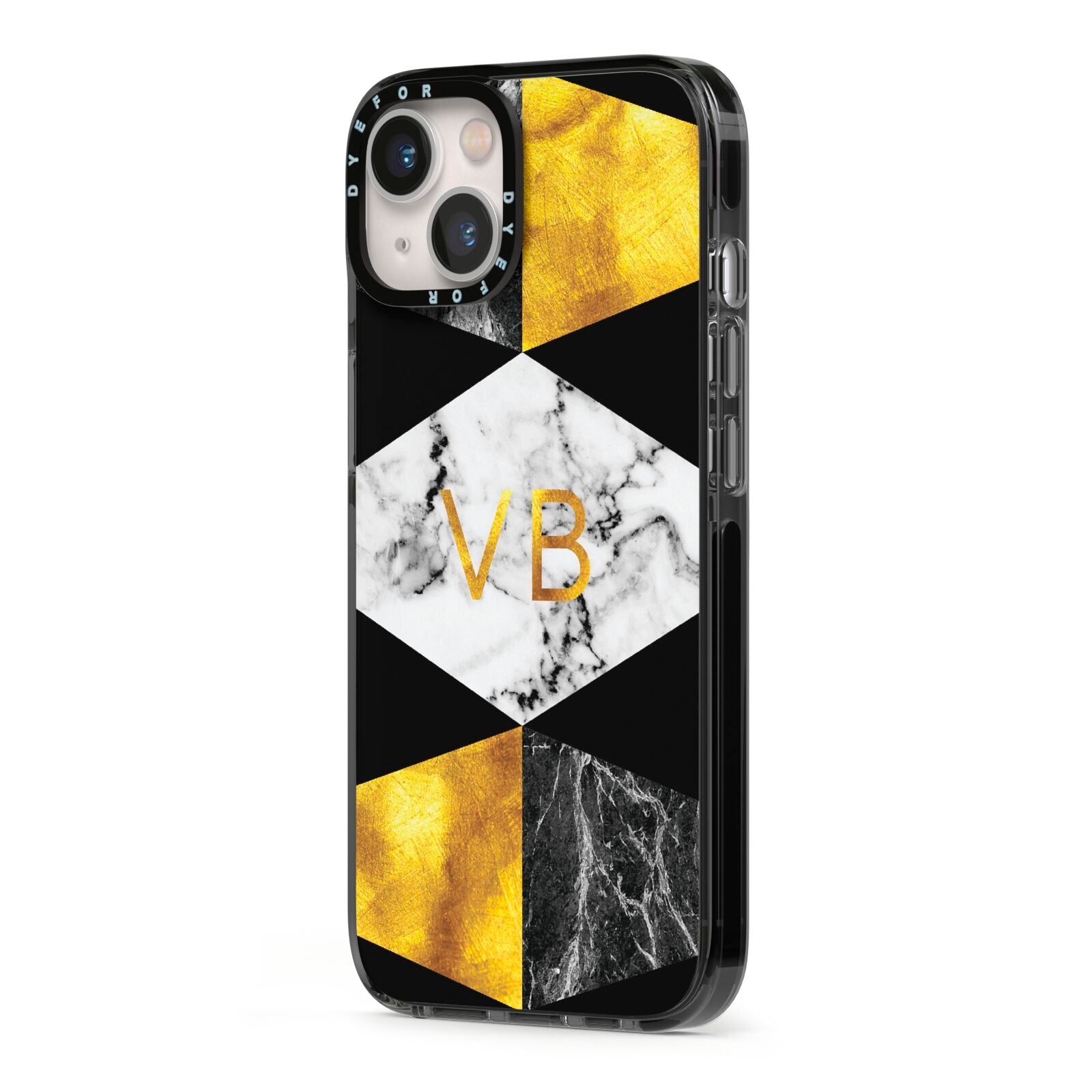 Personalised Gold Marble Initials iPhone 13 Black Impact Case Side Angle on Silver phone