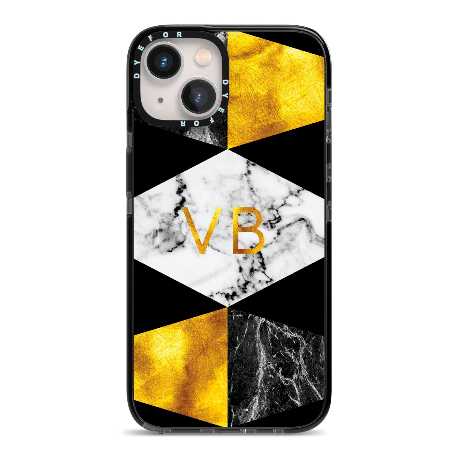 Personalised Gold Marble Initials iPhone 13 Black Impact Case on Silver phone