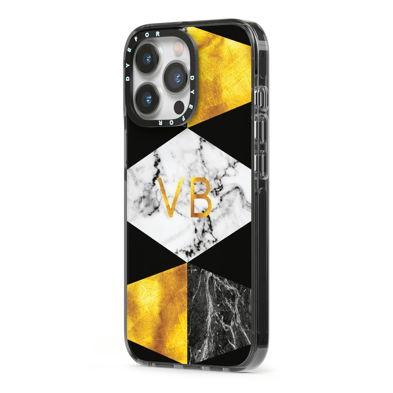 Personalised Gold Marble Initials iPhone 13 Pro Black Impact Case Side Angle on Silver phone