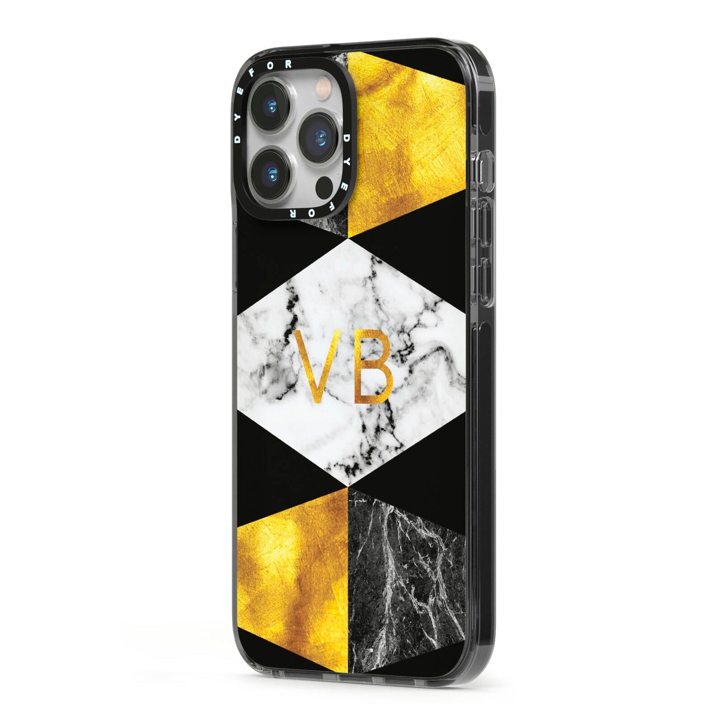 Personalised Gold Marble Initials iPhone 13 Pro Max Black Impact Case Side Angle on Silver phone