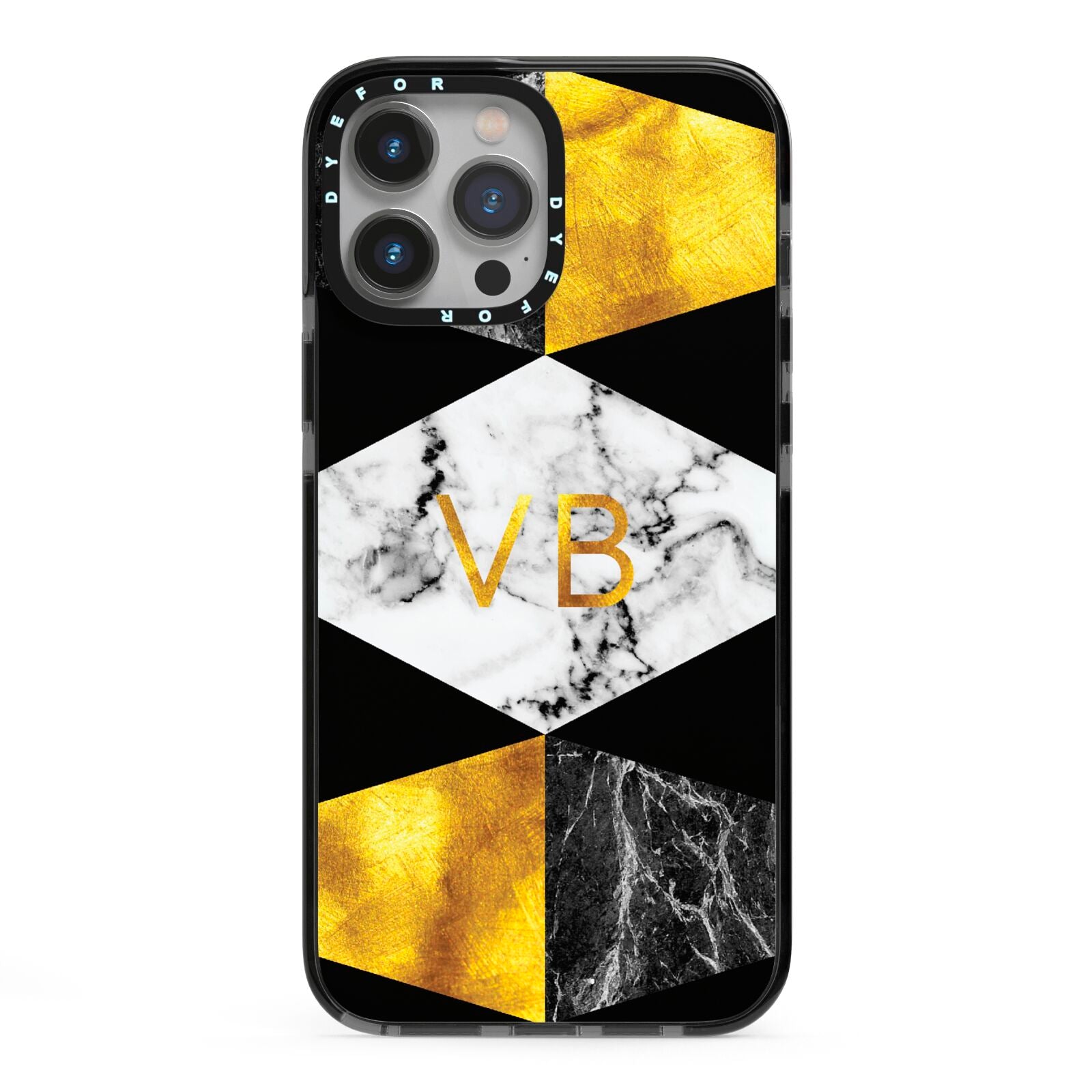 Personalised Gold Marble Initials iPhone 13 Pro Max Black Impact Case on Silver phone