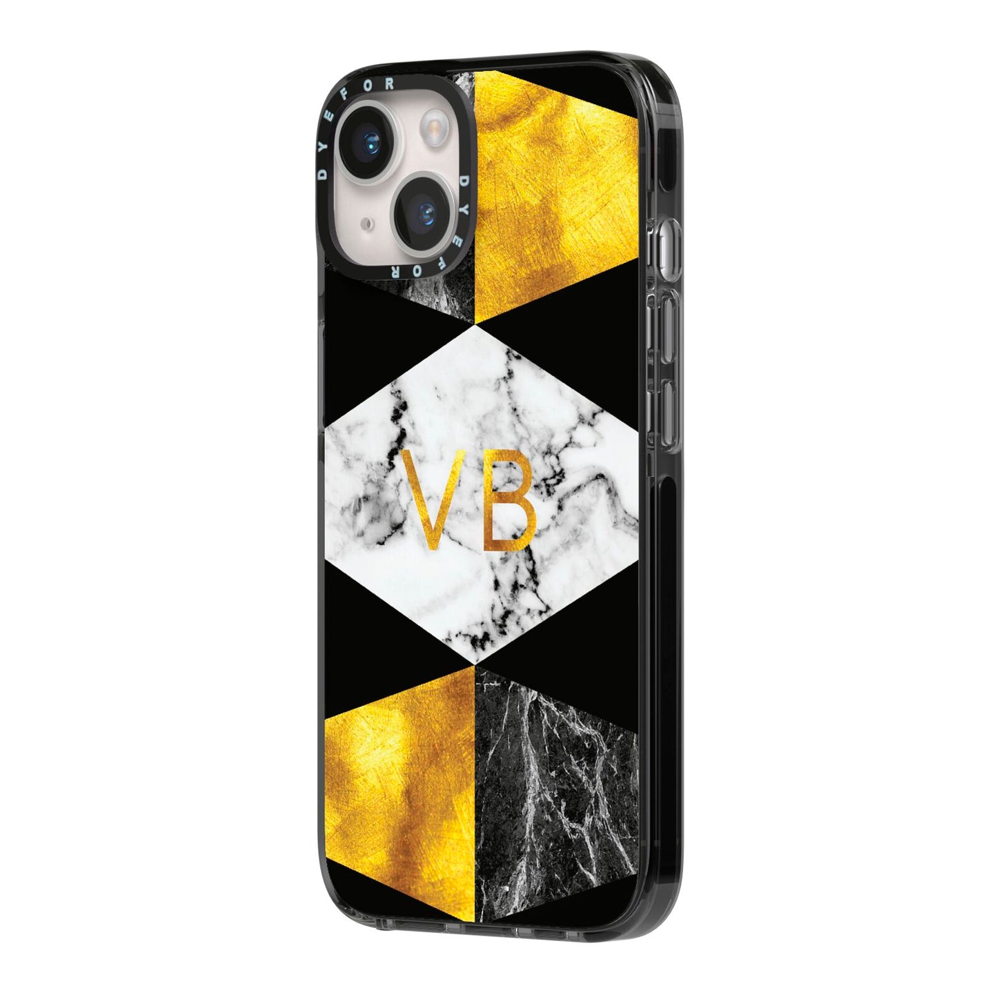 Personalised Gold Marble Initials iPhone 14 Black Impact Case Side Angle on Silver phone