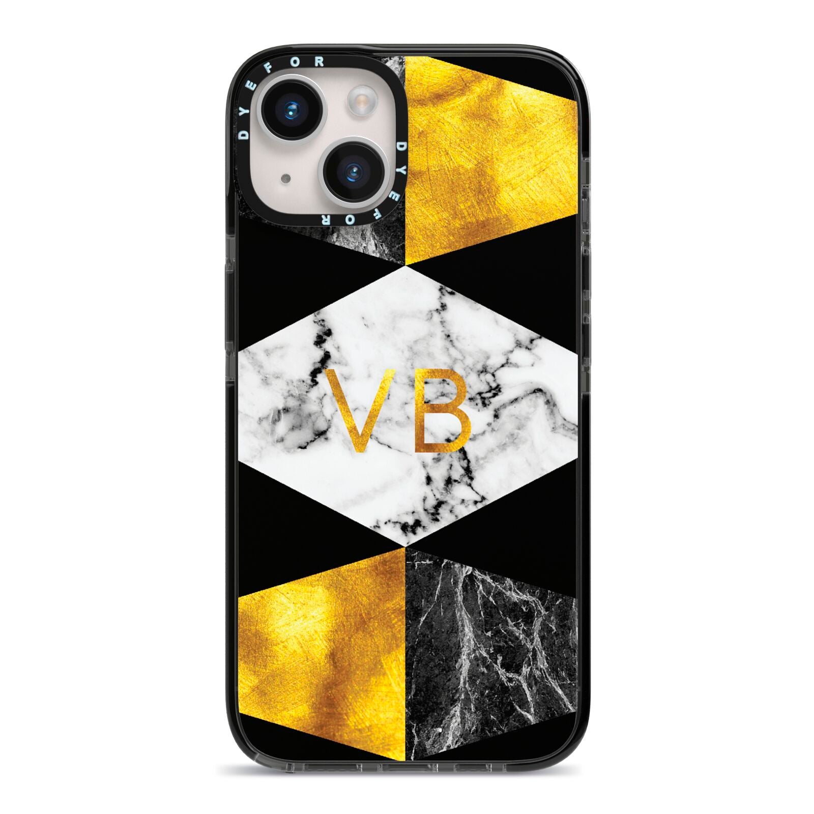 Personalised Gold Marble Initials iPhone 14 Black Impact Case on Silver phone