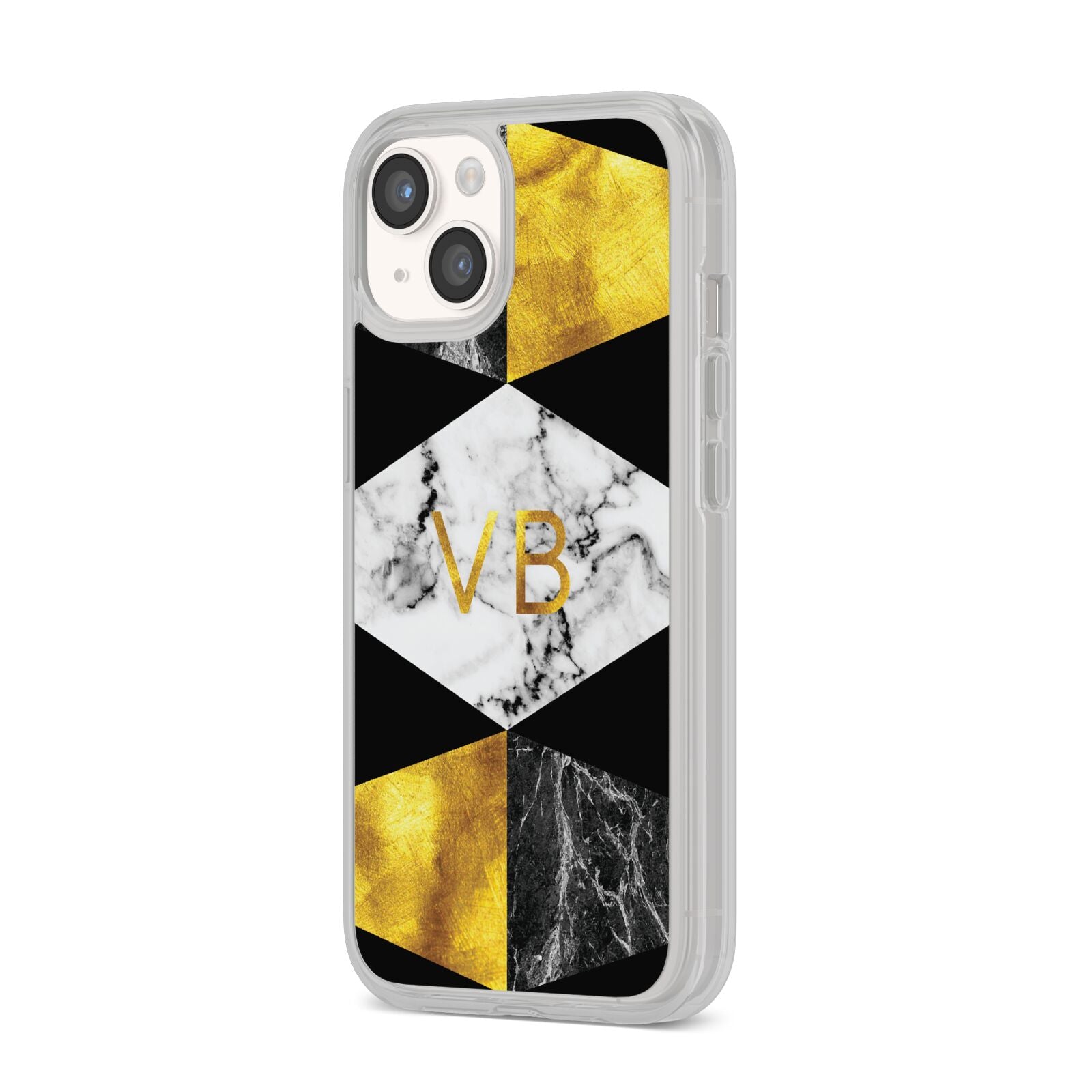 Personalised Gold Marble Initials iPhone 14 Clear Tough Case Starlight Angled Image