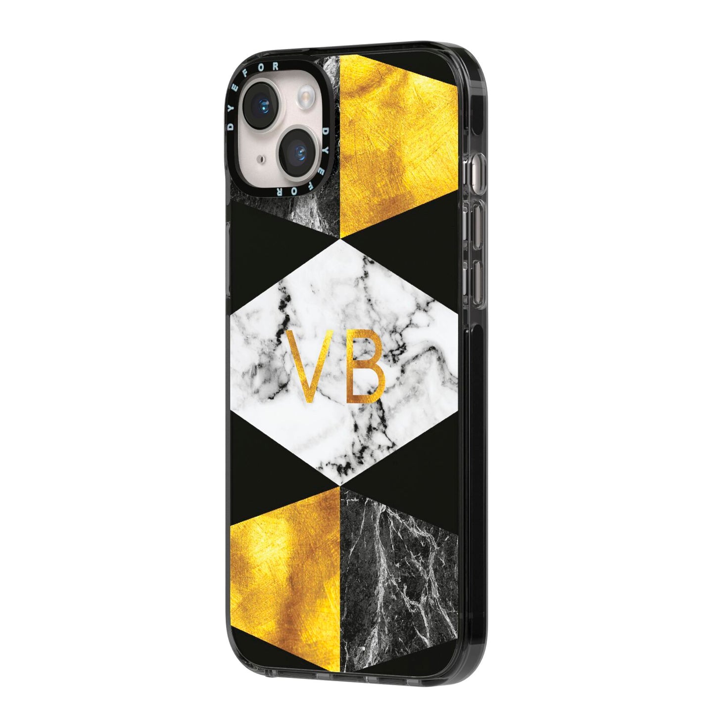 Personalised Gold Marble Initials iPhone 14 Plus Black Impact Case Side Angle on Silver phone