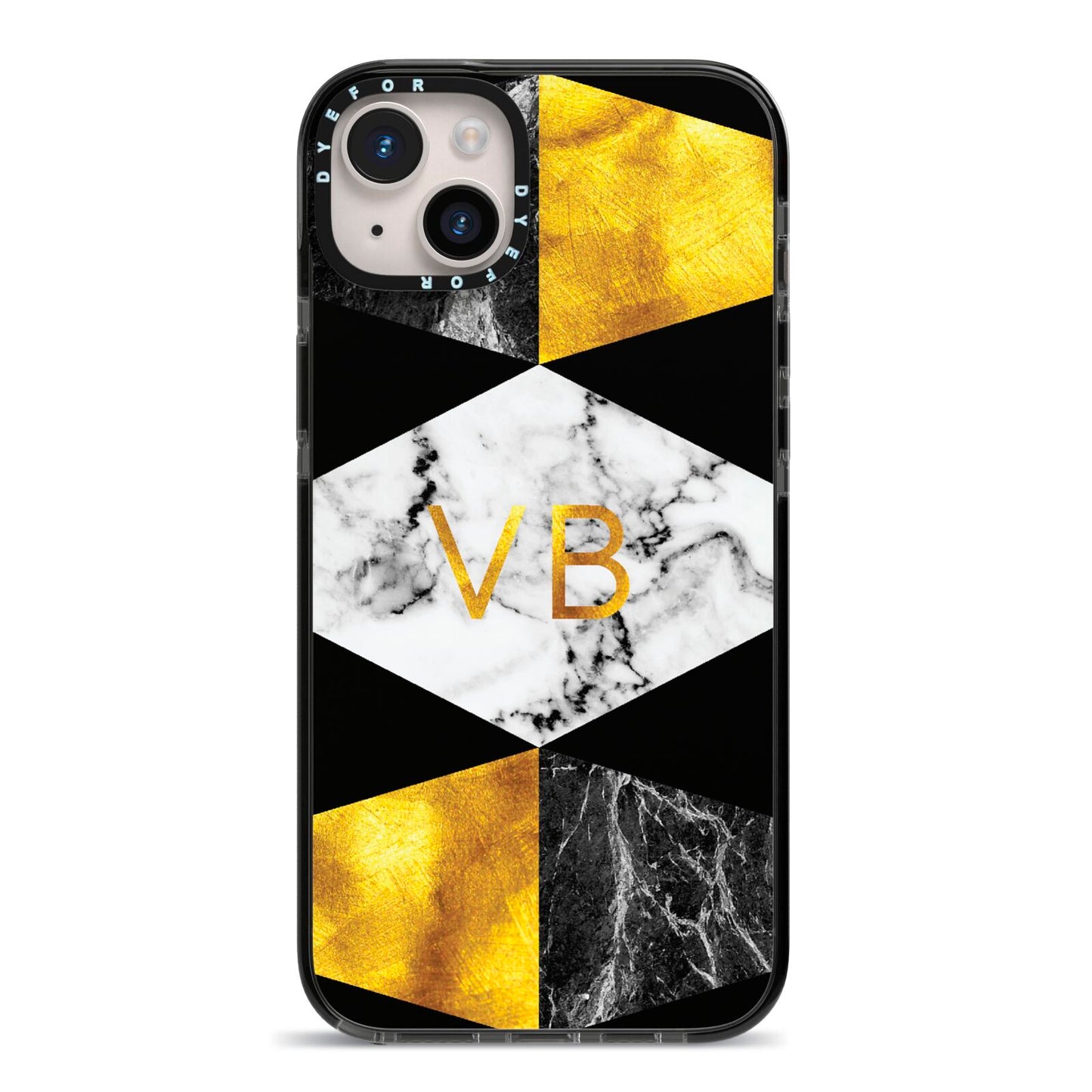 Personalised Gold Marble Initials iPhone 14 Plus Black Impact Case on Silver phone