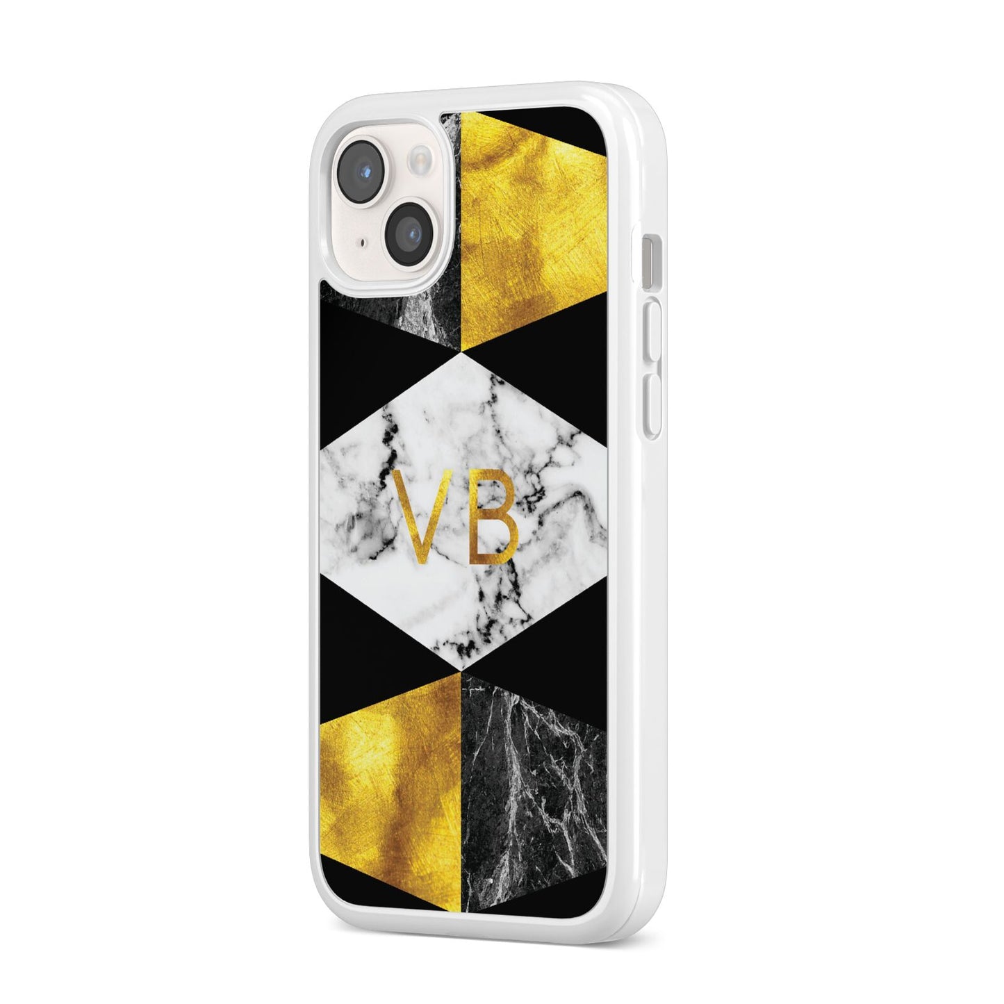 Personalised Gold Marble Initials iPhone 14 Plus Clear Tough Case Starlight Angled Image