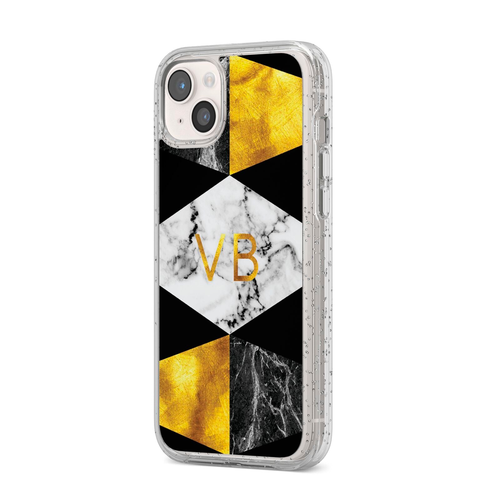 Personalised Gold Marble Initials iPhone 14 Plus Glitter Tough Case Starlight Angled Image