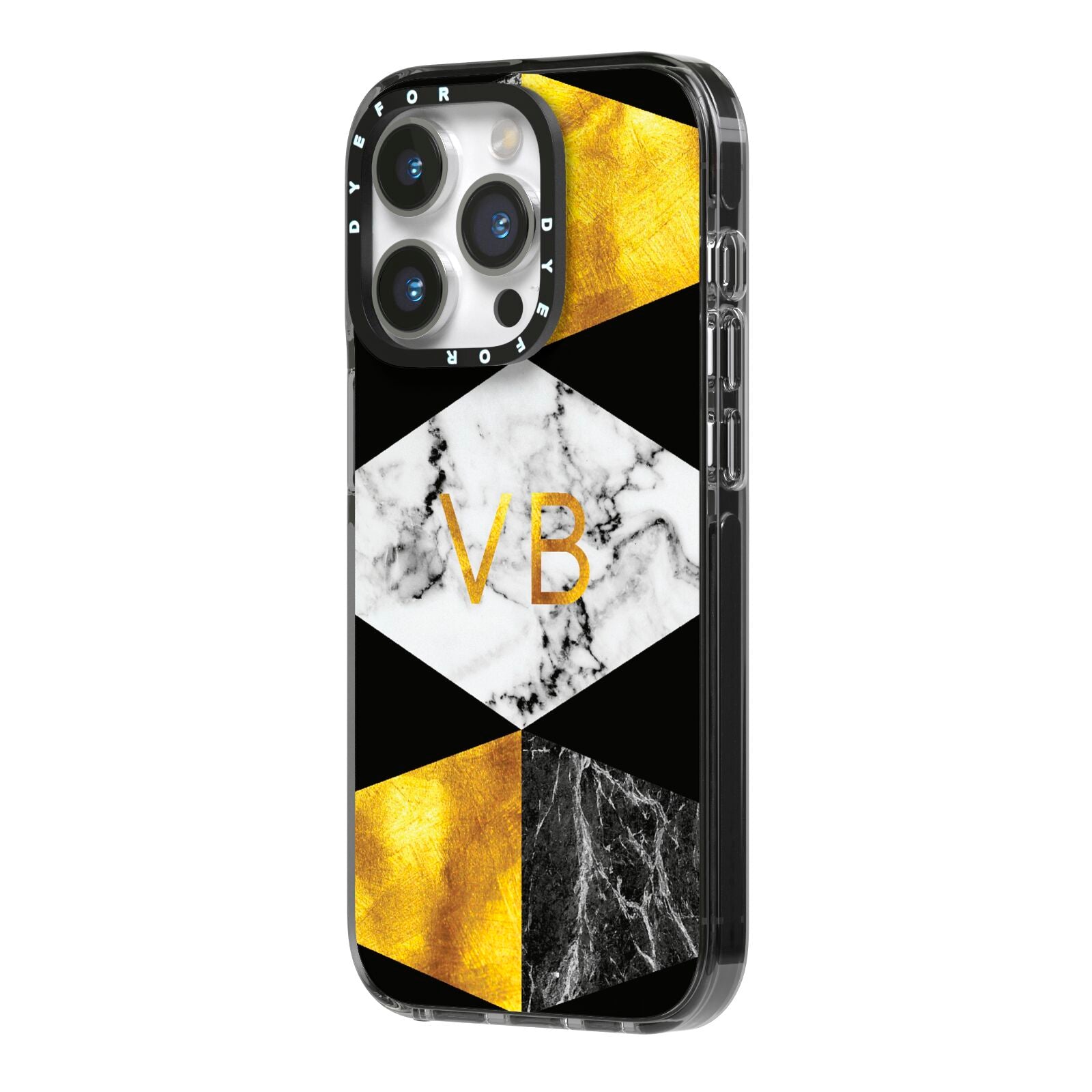 Personalised Gold Marble Initials iPhone 14 Pro Black Impact Case Side Angle on Silver phone