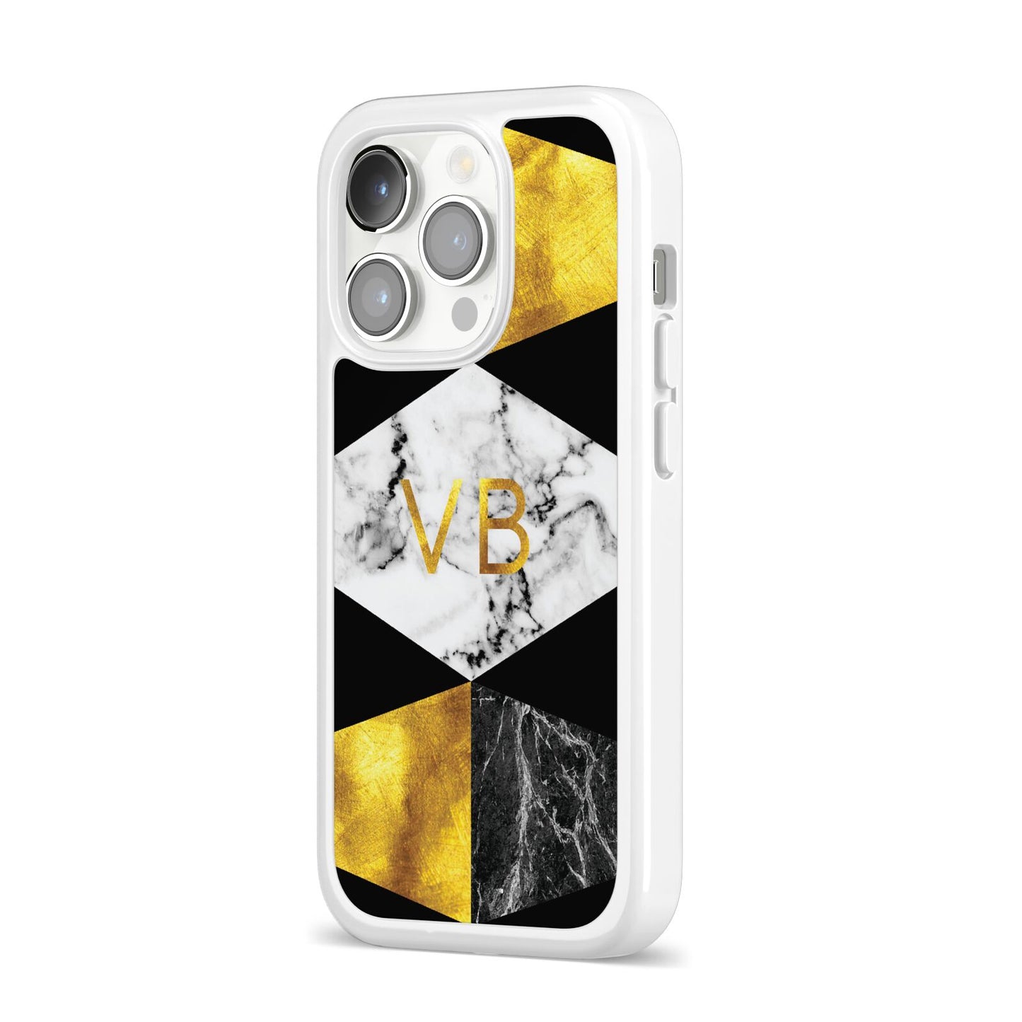 Personalised Gold Marble Initials iPhone 14 Pro Clear Tough Case Silver Angled Image