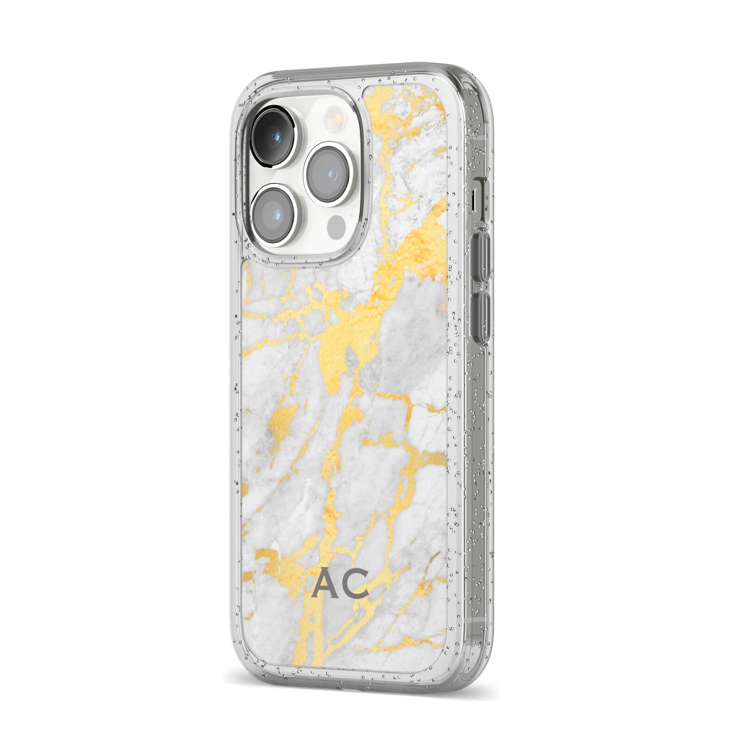 Personalised Gold Marble Initials iPhone 14 Pro Glitter Tough Case Silver Angled Image