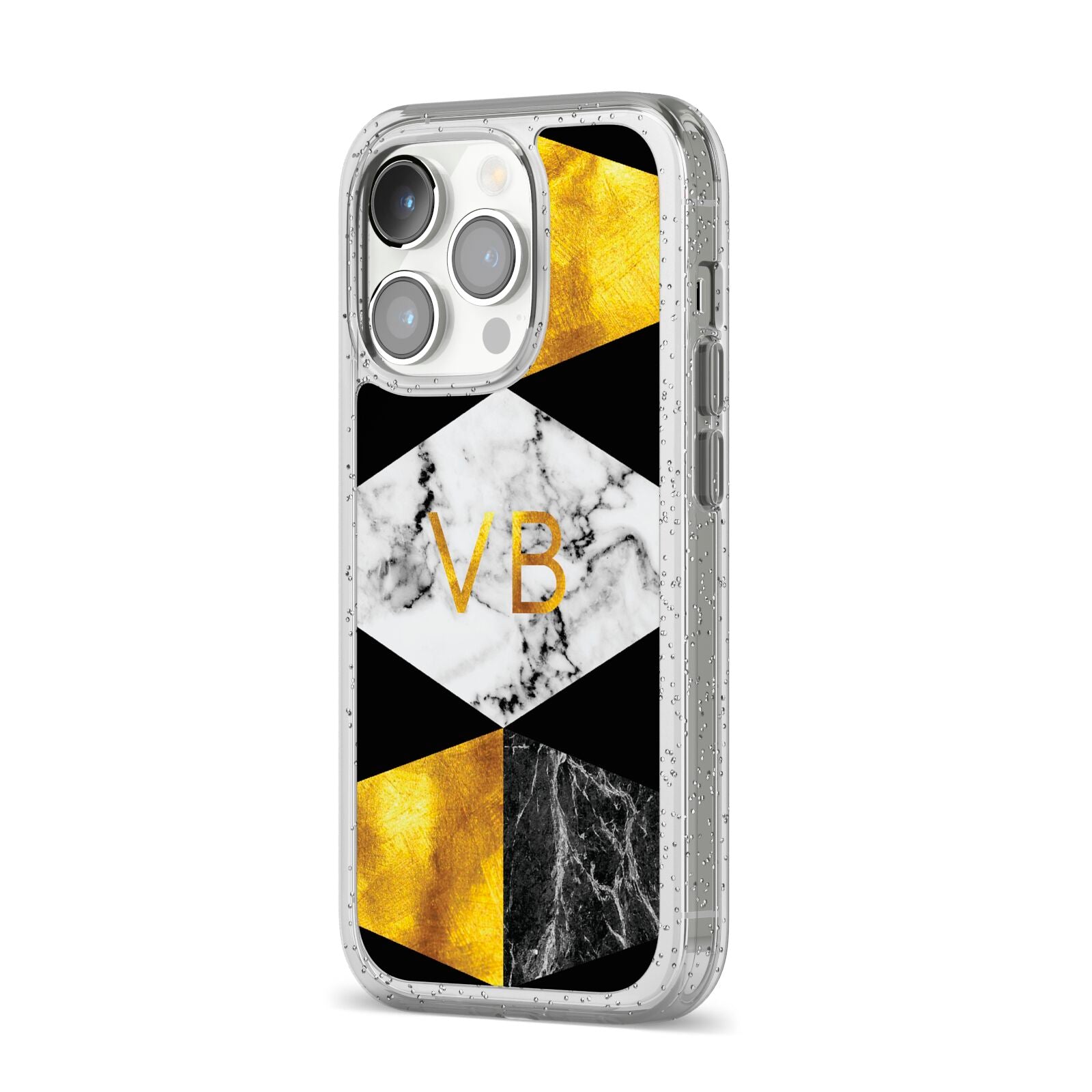 Personalised Gold Marble Initials iPhone 14 Pro Glitter Tough Case Silver Angled Image