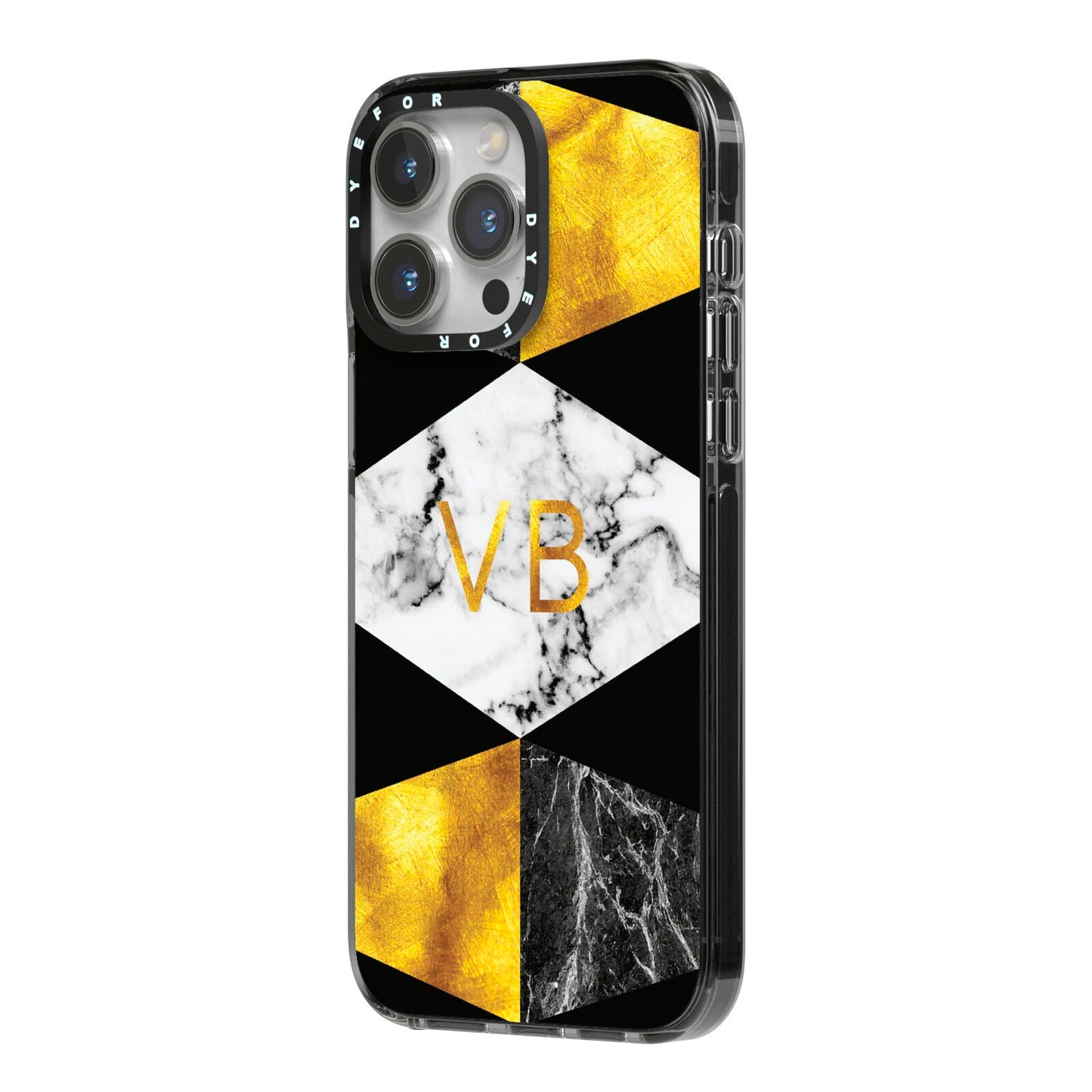 Personalised Gold Marble Initials iPhone 14 Pro Max Black Impact Case Side Angle on Silver phone