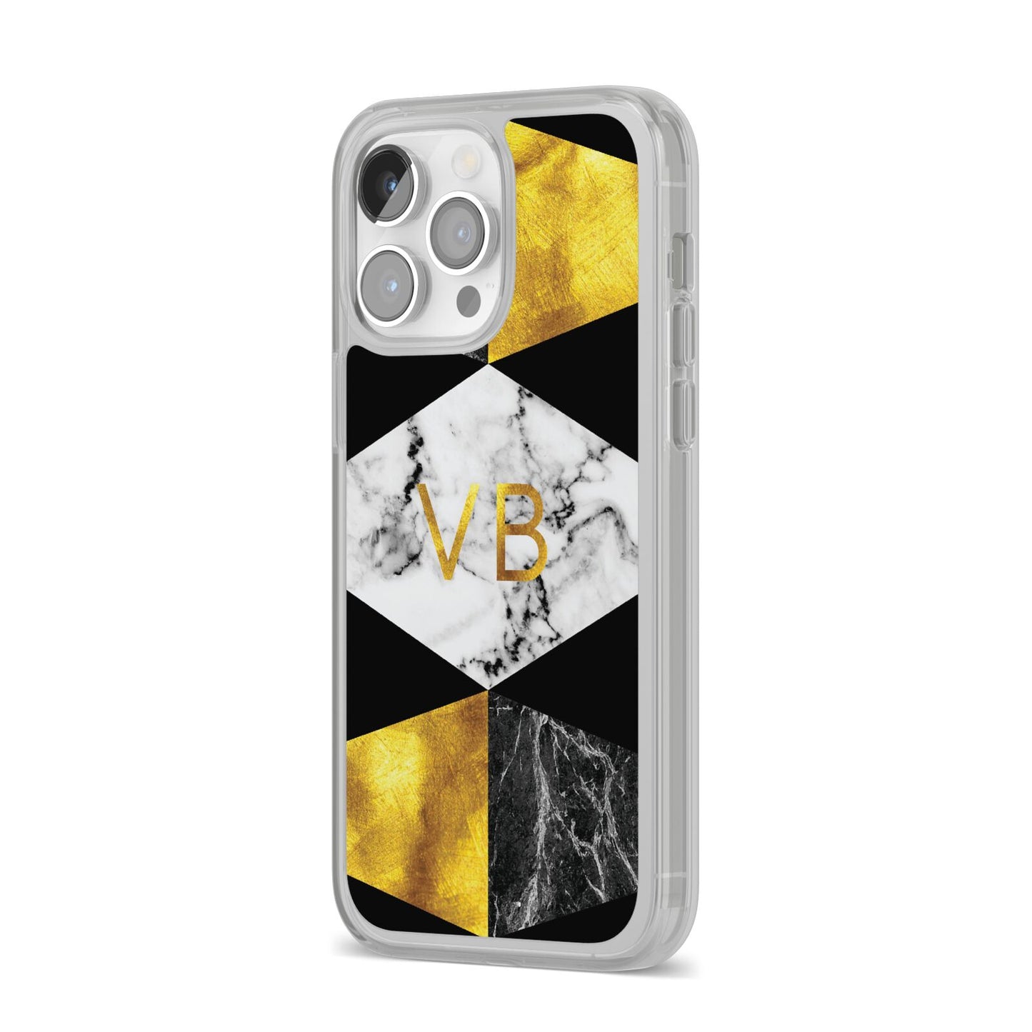 Personalised Gold Marble Initials iPhone 14 Pro Max Clear Tough Case Silver Angled Image