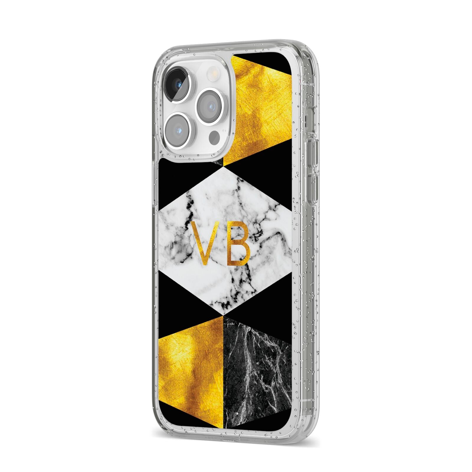 Personalised Gold Marble Initials iPhone 14 Pro Max Glitter Tough Case Silver Angled Image