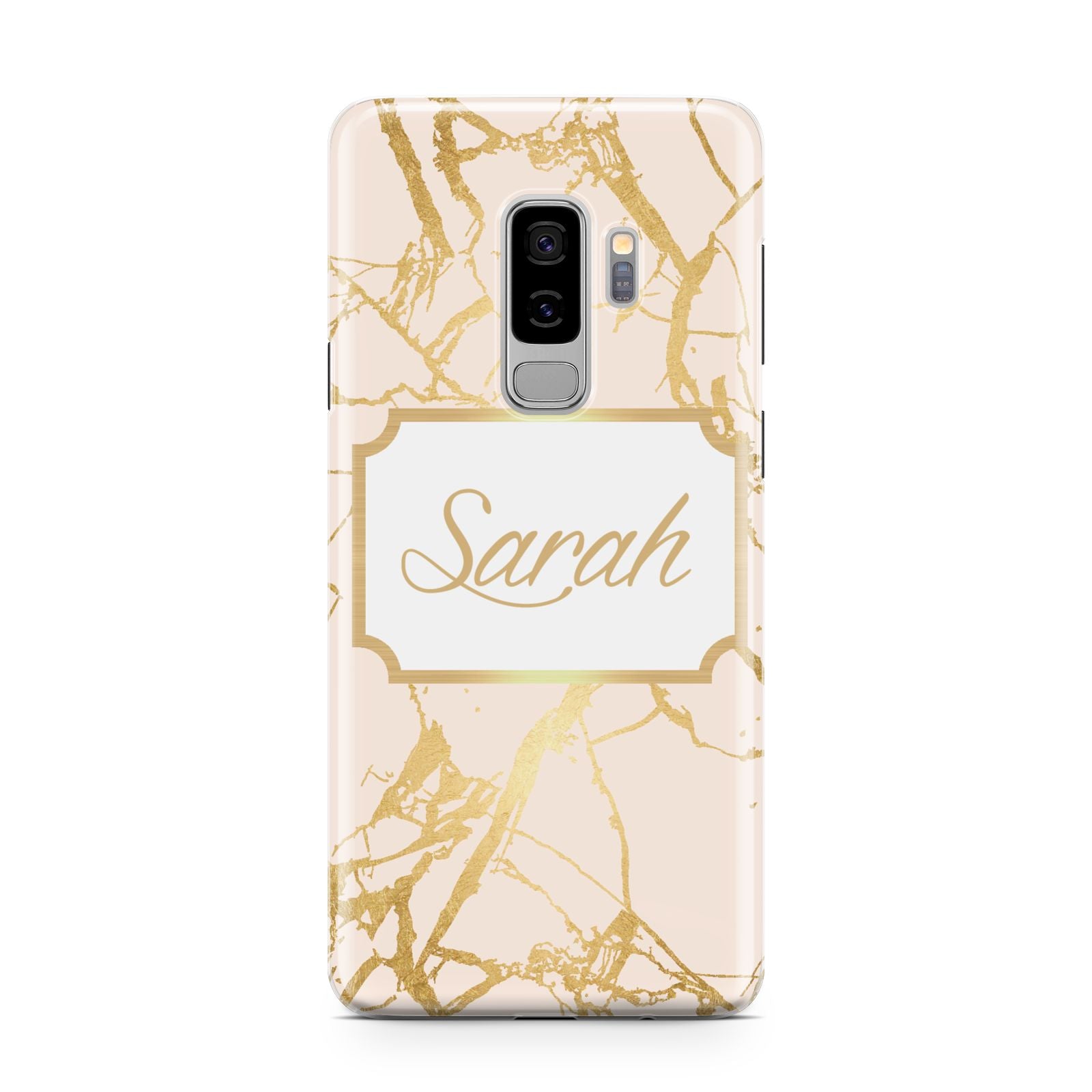 Personalised Gold Marble Pink Name Samsung Galaxy S9 Plus Case on Silver phone