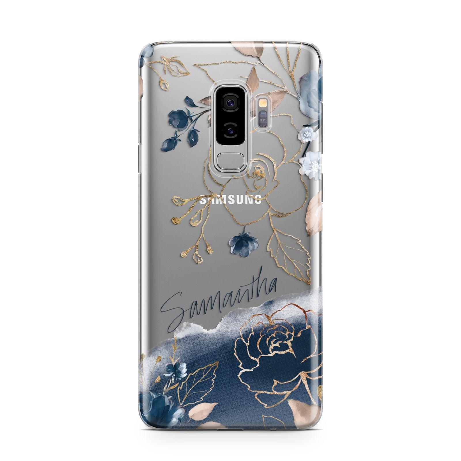 Personalised Gold Peonies Samsung Galaxy S9 Plus Case on Silver phone