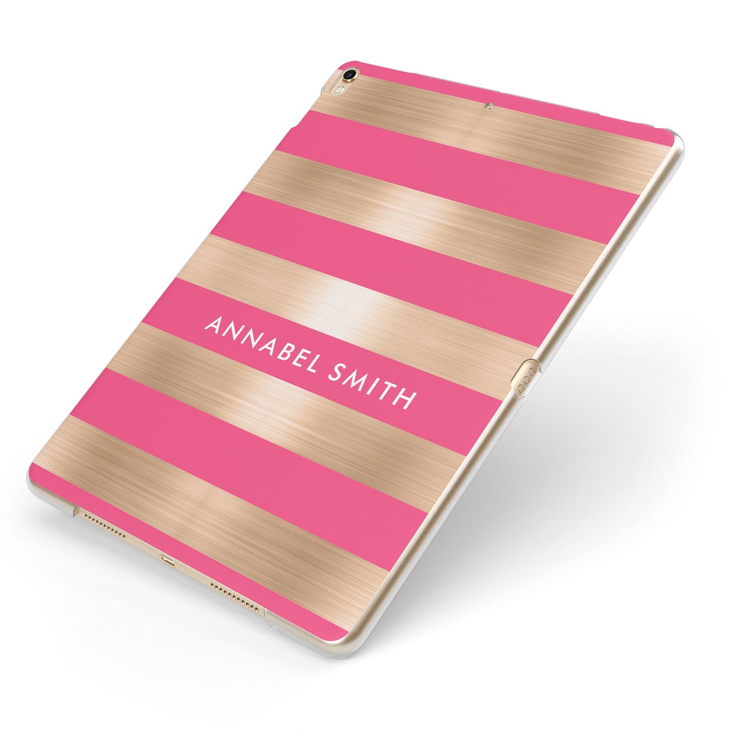 Personalised Gold Pink Stripes Name Initial Apple iPad Case on Gold iPad Side View