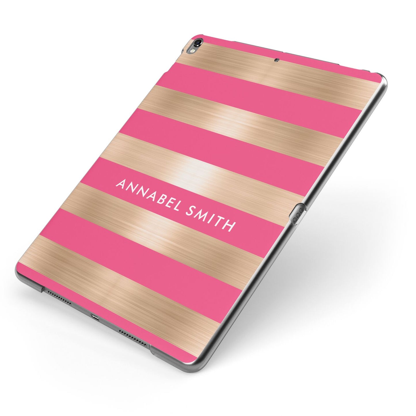 Personalised Gold Pink Stripes Name Initial Apple iPad Case on Grey iPad Side View