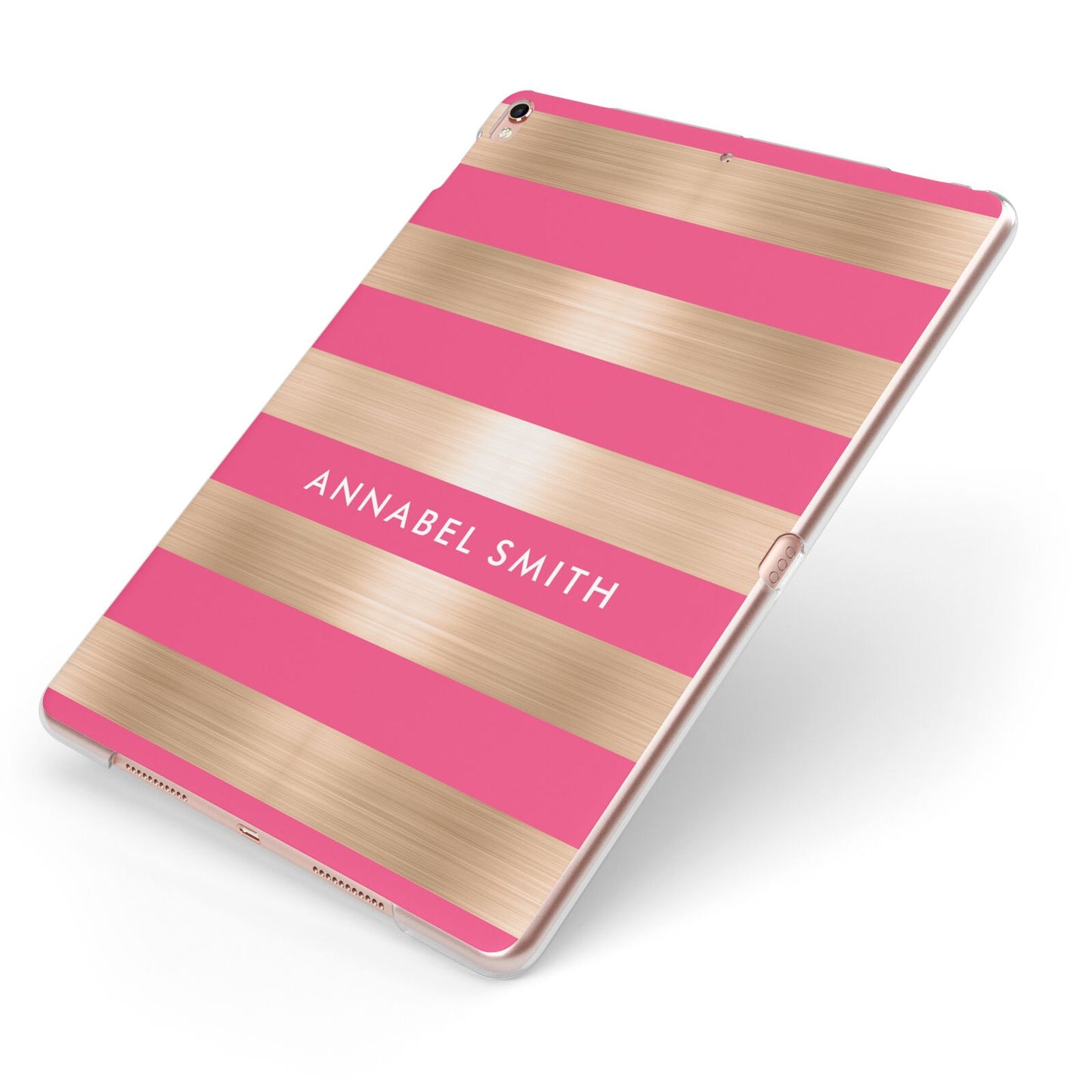 Personalised Gold Pink Stripes Name Initial Apple iPad Case on Rose Gold iPad Side View