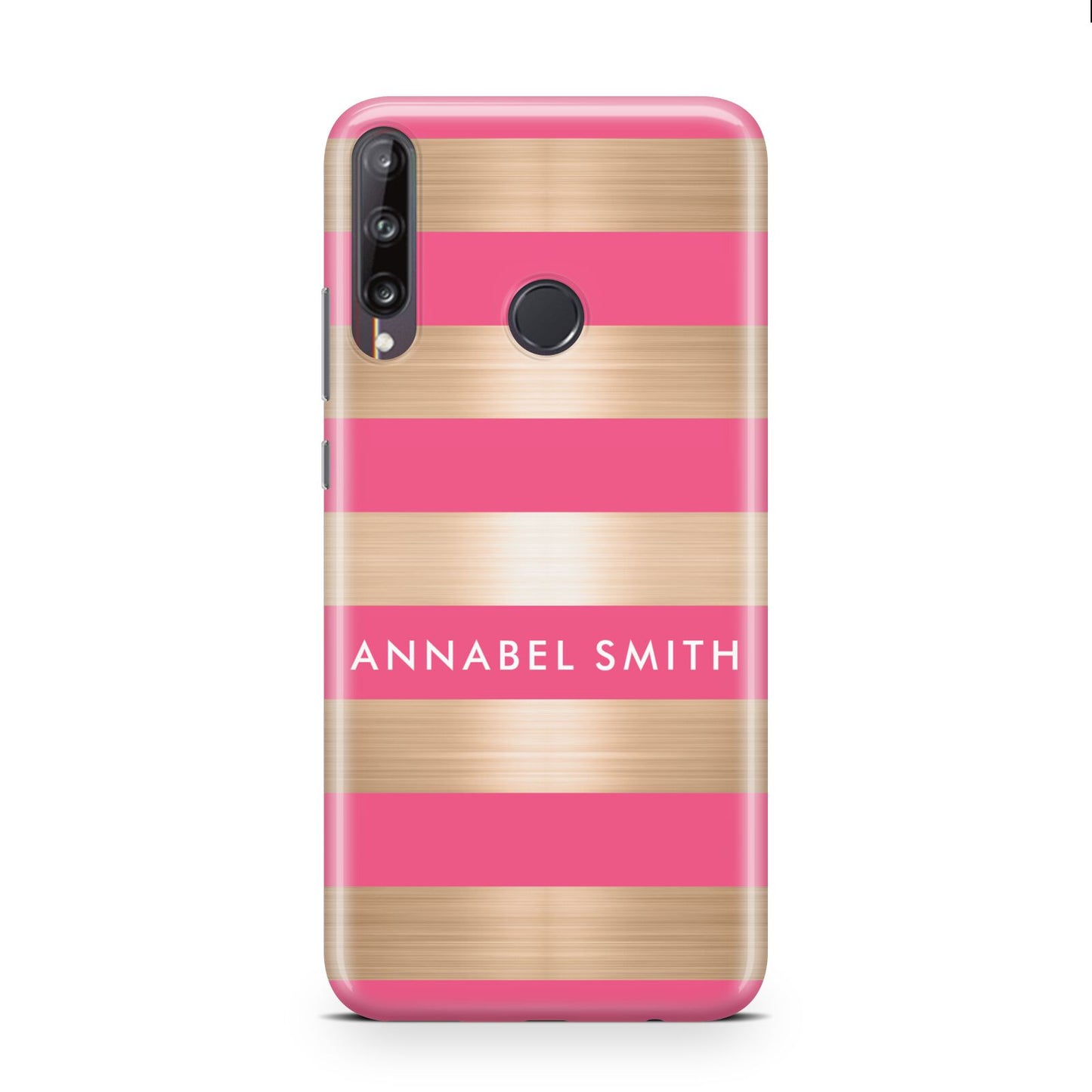 Personalised Gold Pink Stripes Name Initial Huawei P40 Lite E Phone Case