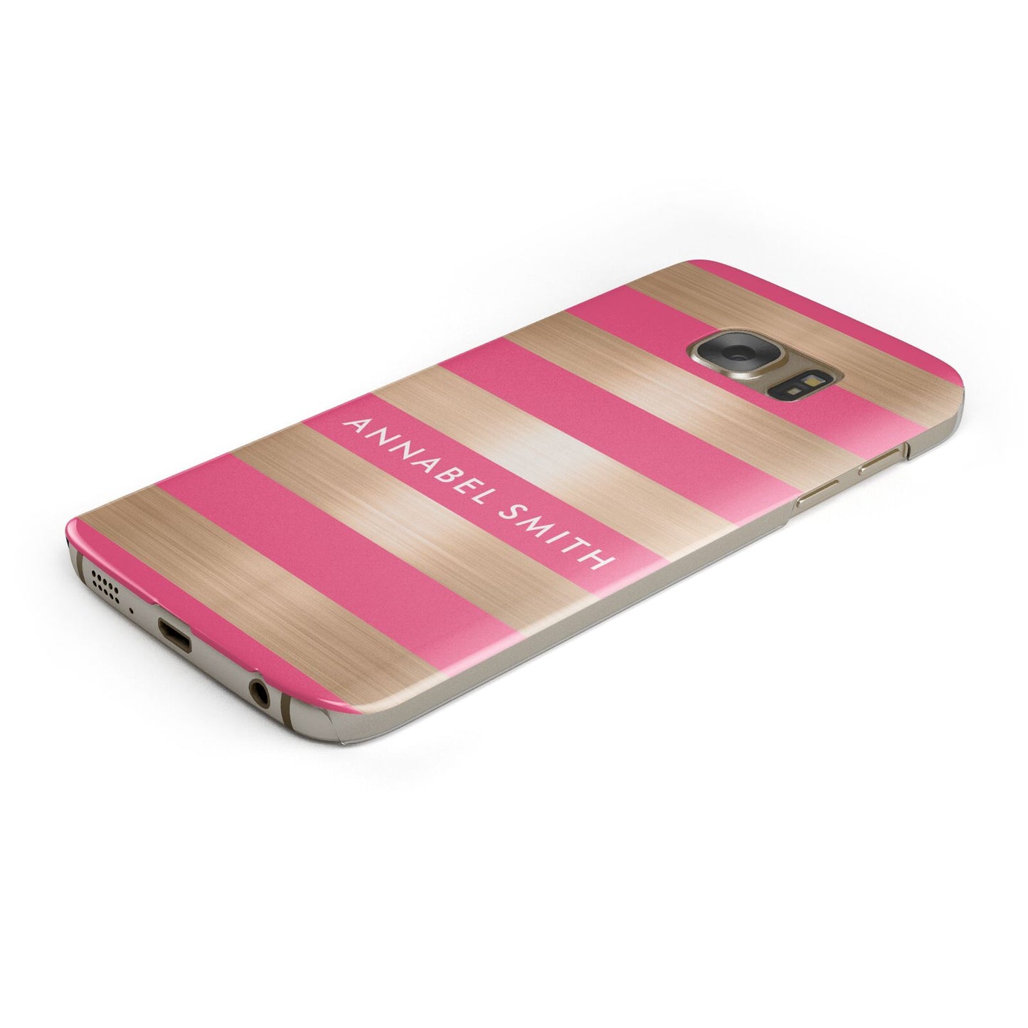 Personalised Gold Pink Stripes Name Initial Protective Samsung Galaxy Case Angled Image