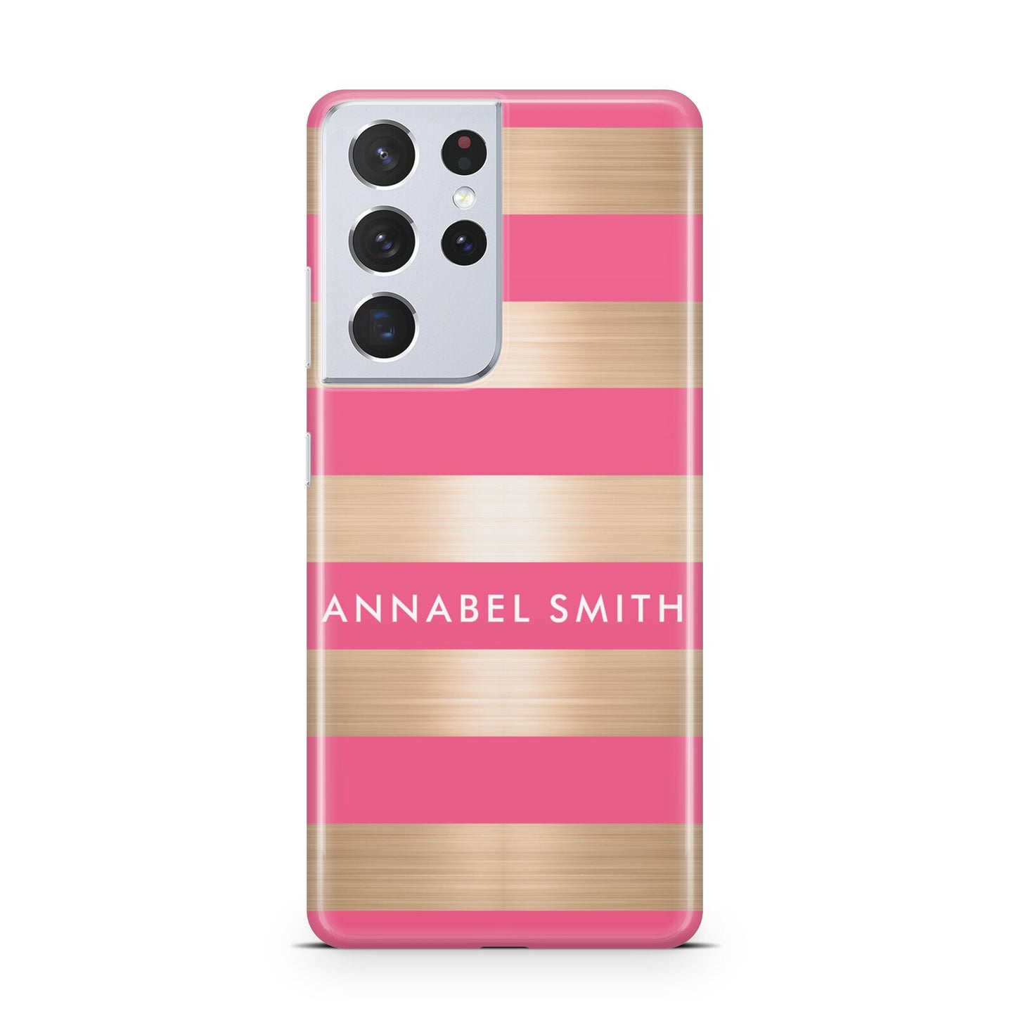 Personalised Gold Pink Stripes Name Initial Samsung S21 Ultra Case