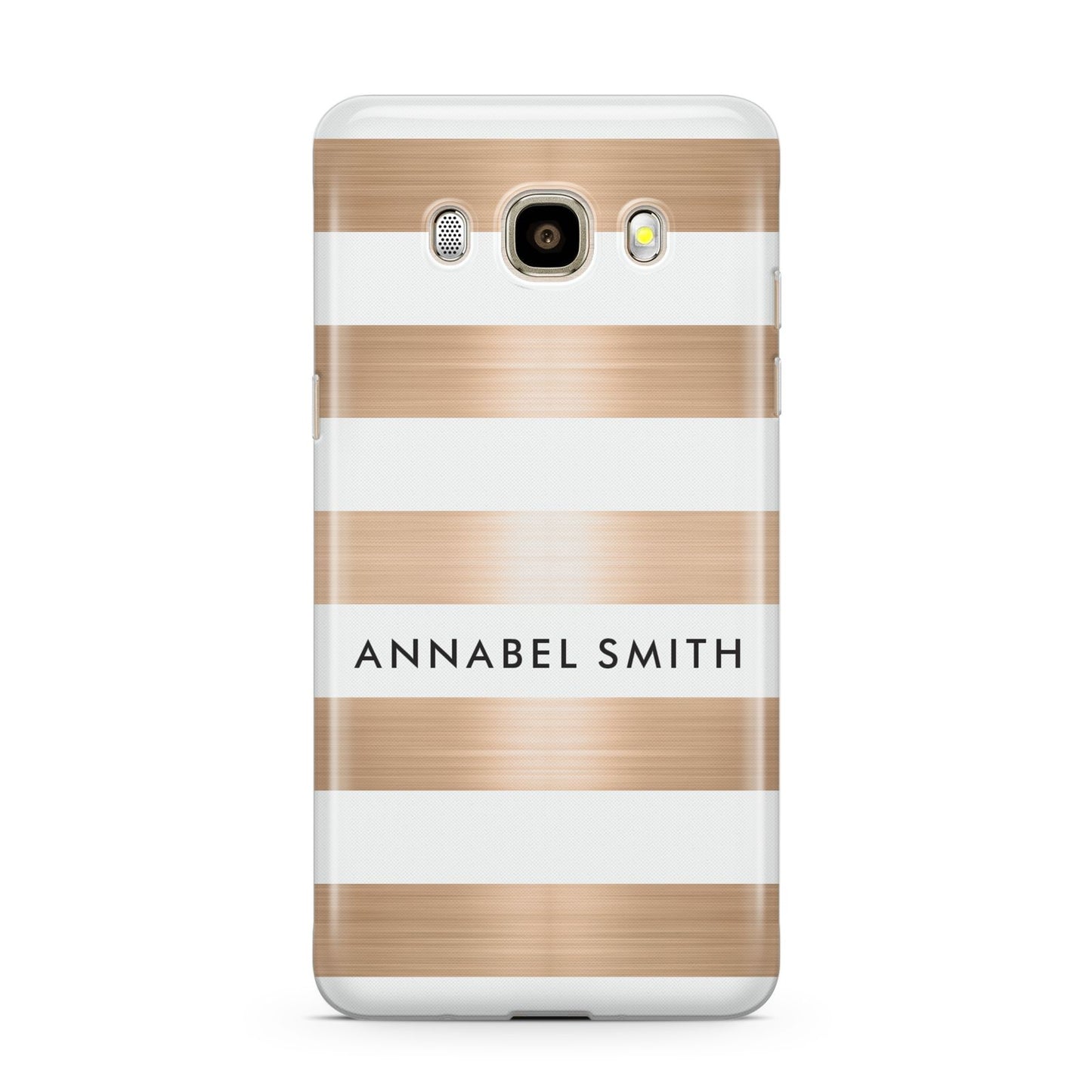 Personalised Gold Striped Name Initials Samsung Galaxy J7 2016 Case on gold phone