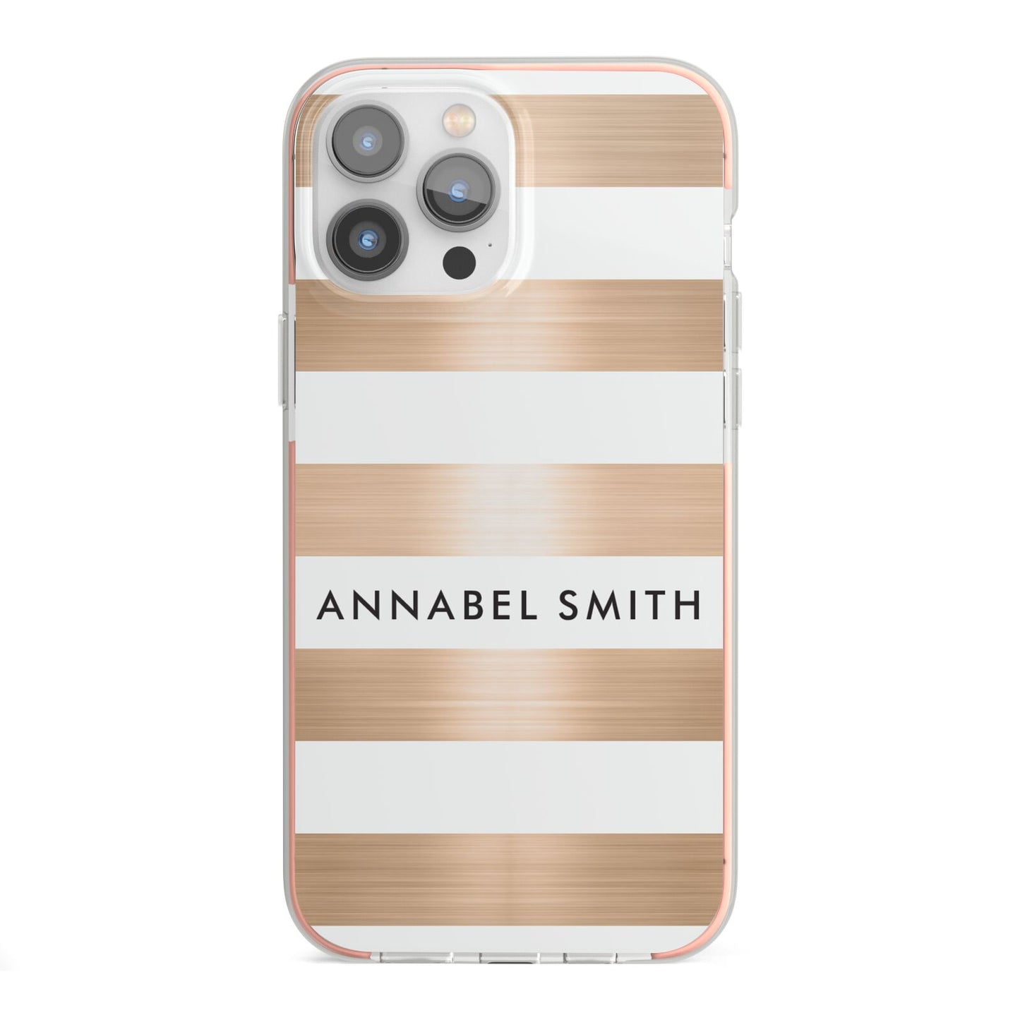 Personalised Gold Striped Name Initials iPhone 13 Pro Max TPU Impact Case with Pink Edges