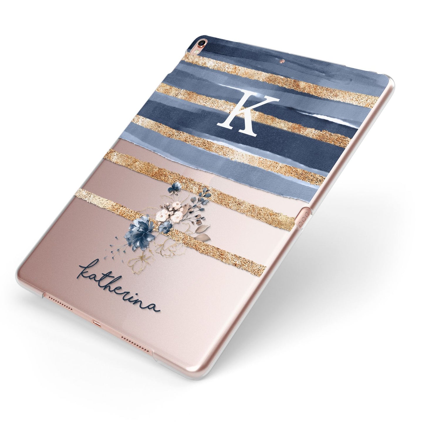 Personalised Gold Striped Watercolour Apple iPad Case on Rose Gold iPad Side View