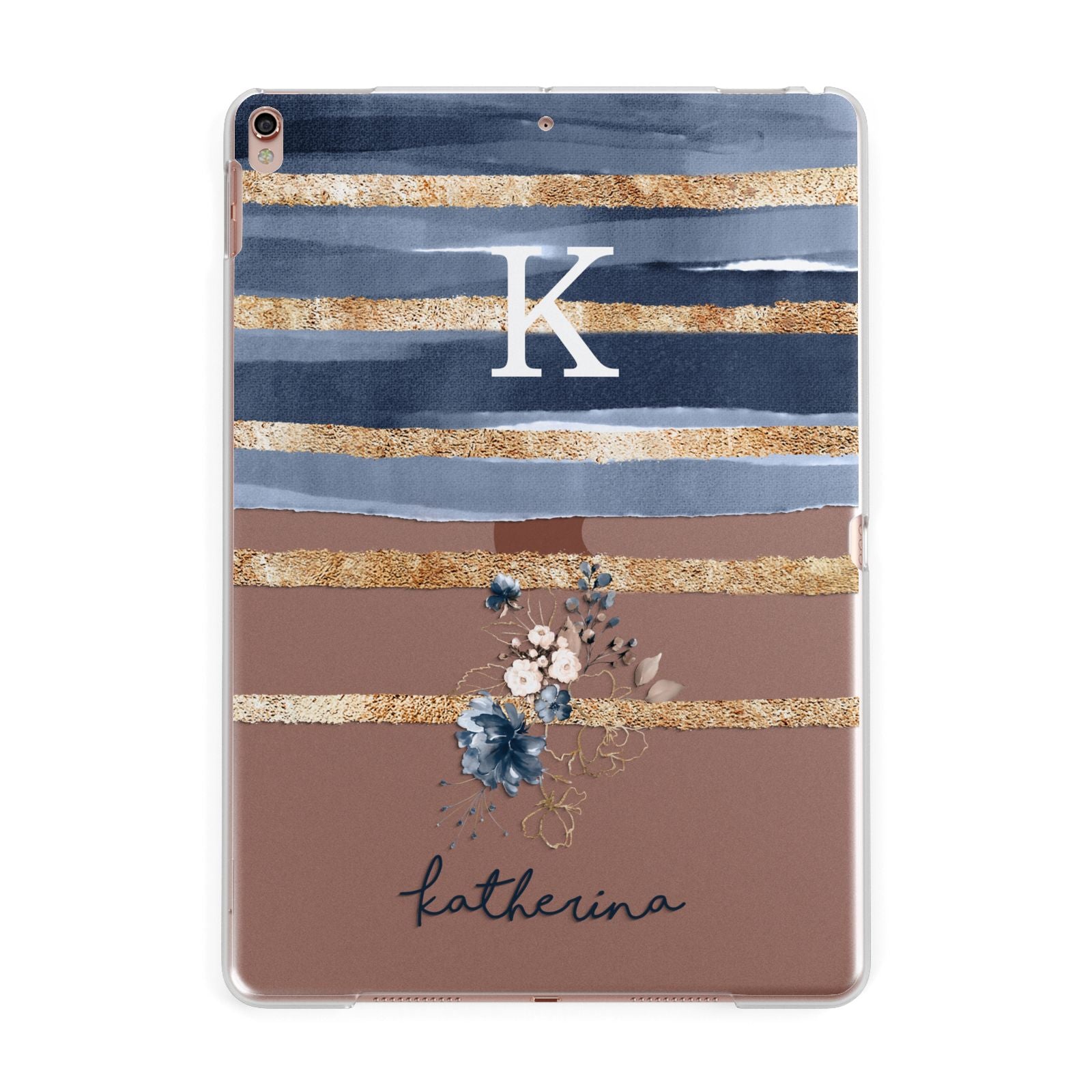 Personalised Gold Striped Watercolour Apple iPad Rose Gold Case