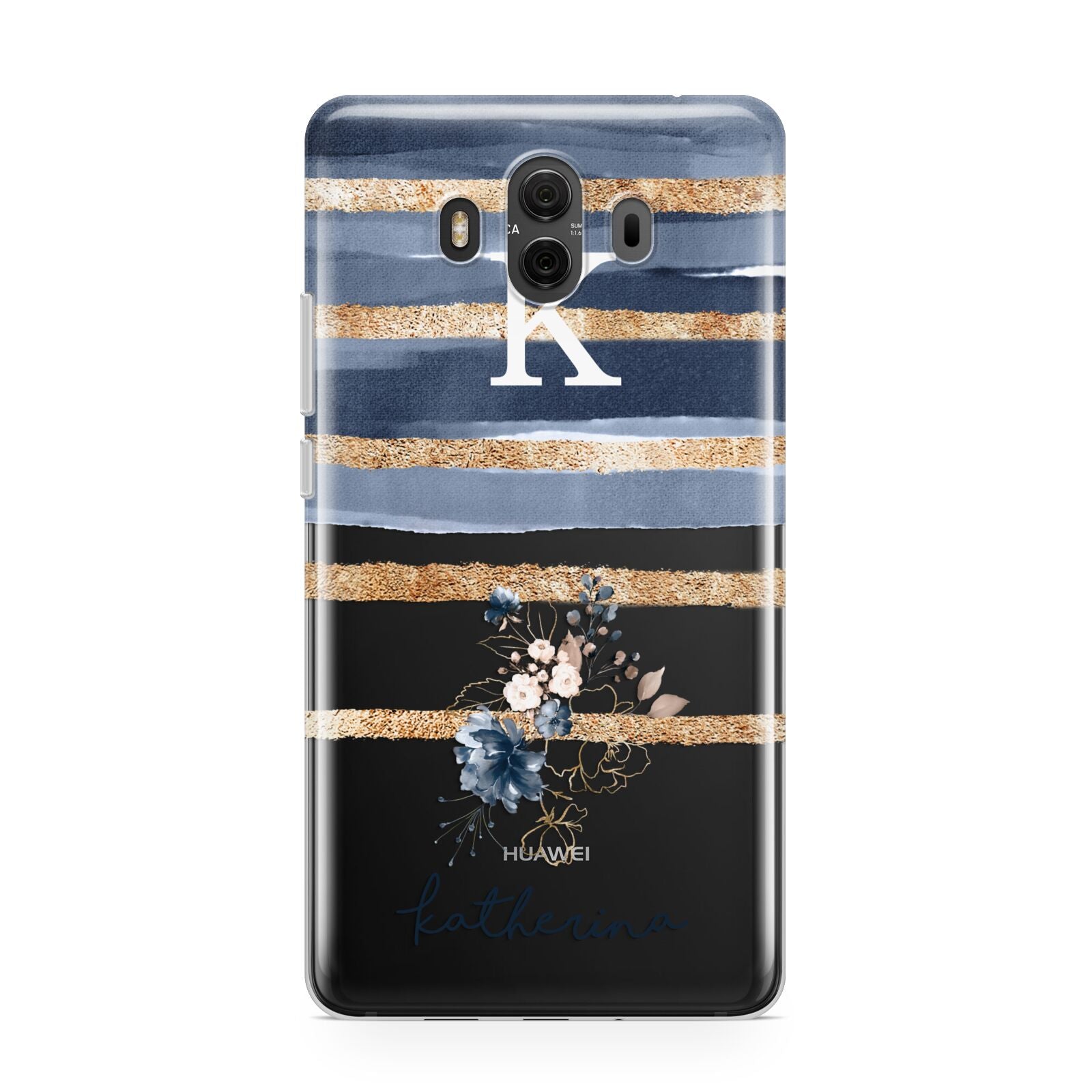 Personalised Gold Striped Watercolour Huawei Mate 10 Protective Phone Case