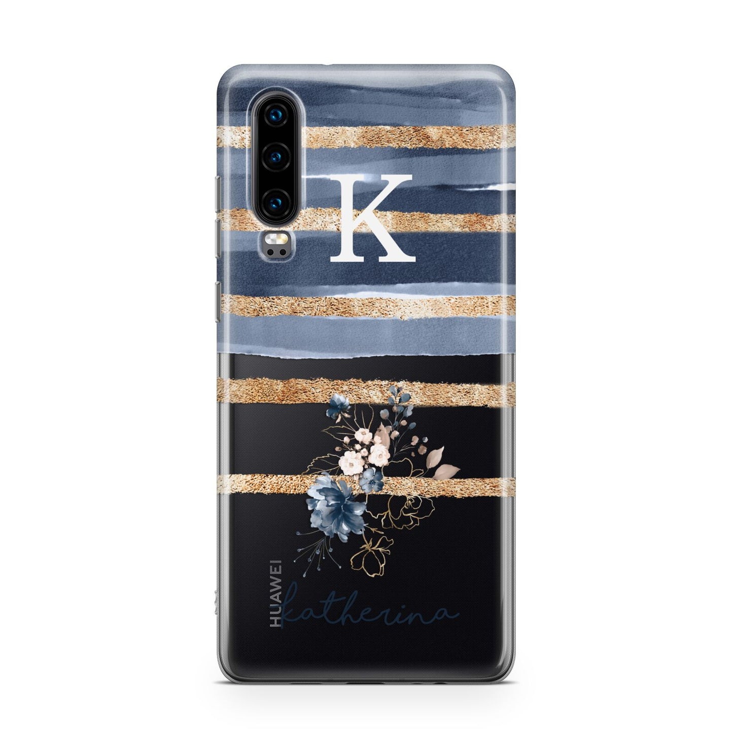 Personalised Gold Striped Watercolour Huawei P30 Phone Case