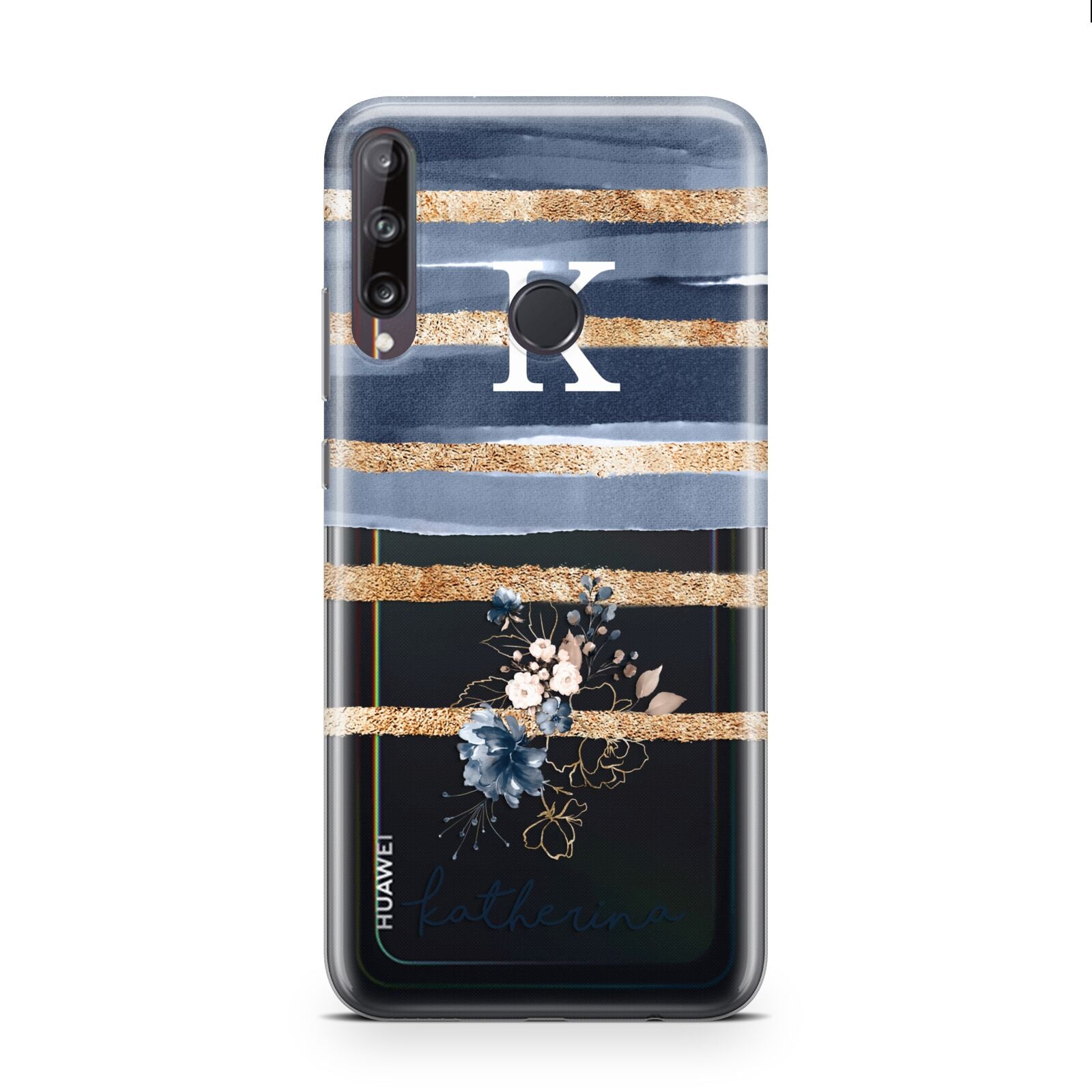 Personalised Gold Striped Watercolour Huawei P40 Lite E Phone Case