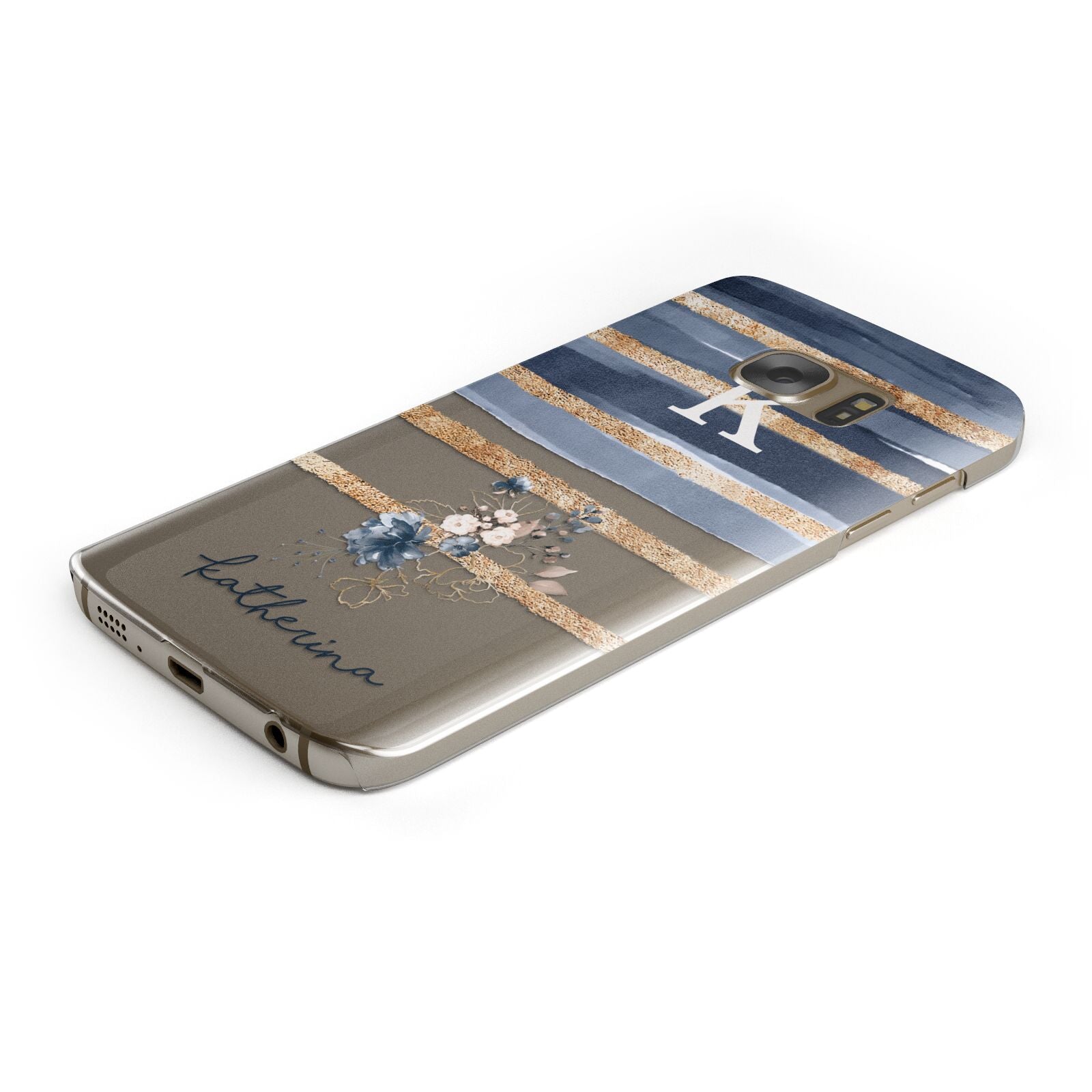 Personalised Gold Striped Watercolour Protective Samsung Galaxy Case Angled Image