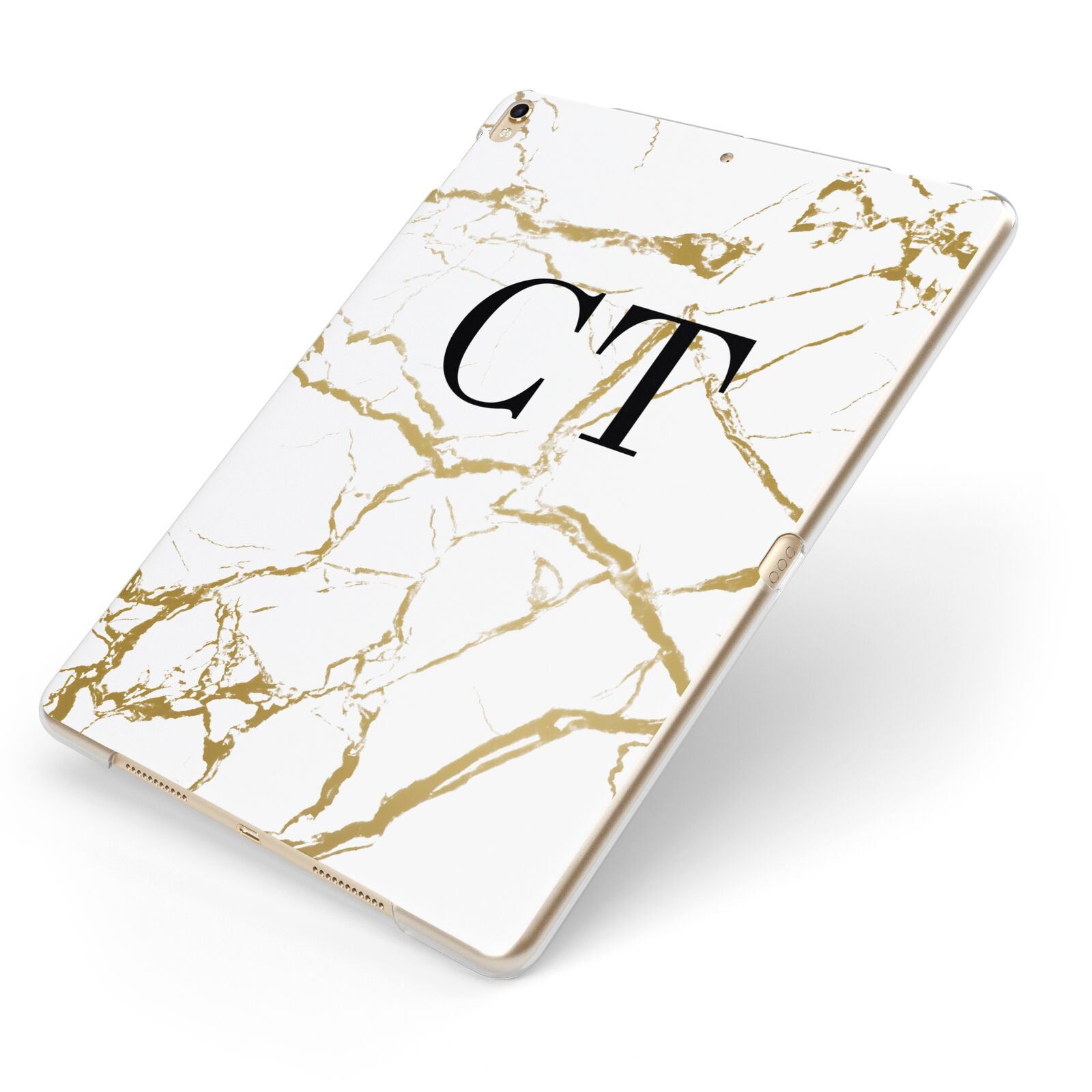 Personalised Gold Veins White Marble Monogram Apple iPad Case on Gold iPad Side View