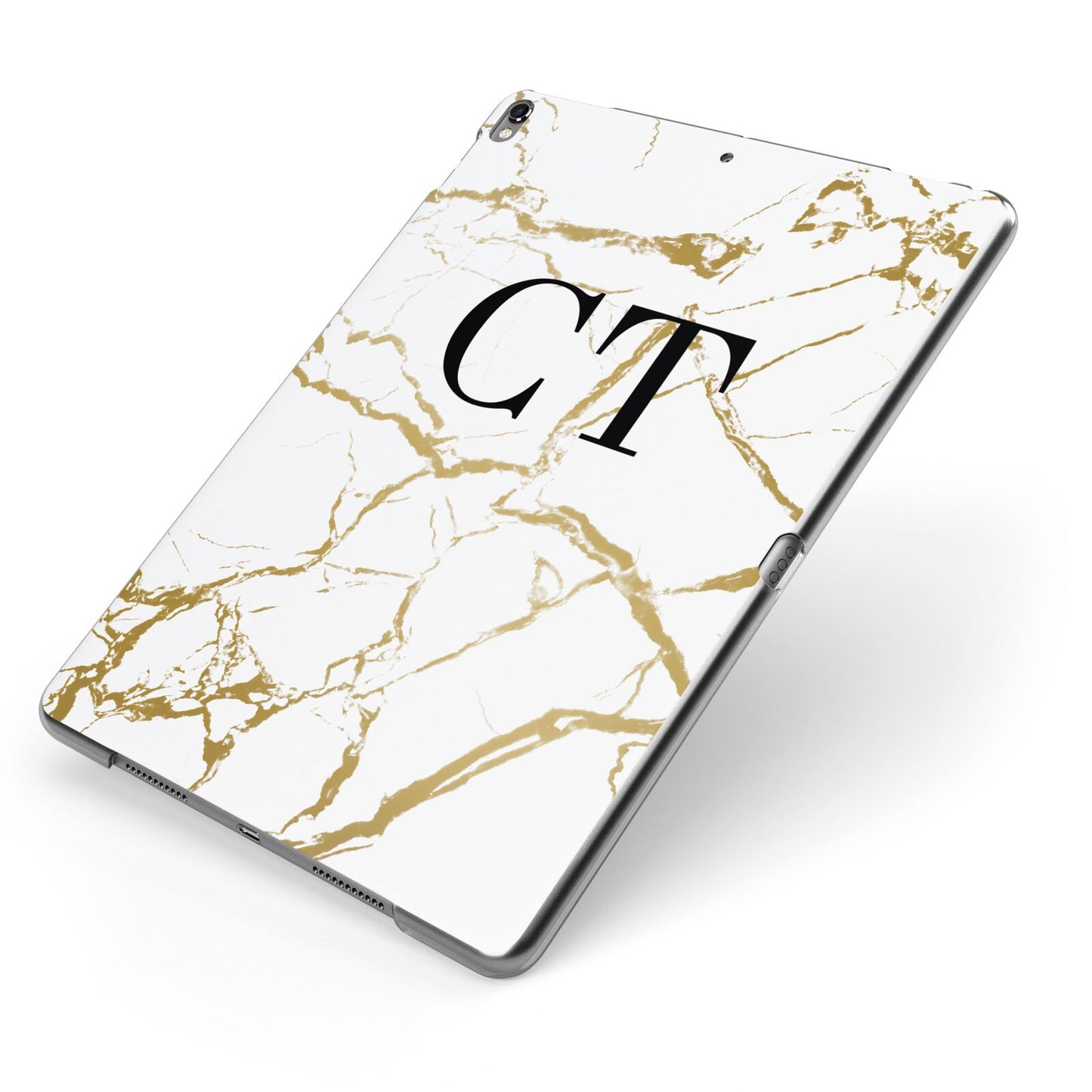 Personalised Gold Veins White Marble Monogram Apple iPad Case on Grey iPad Side View